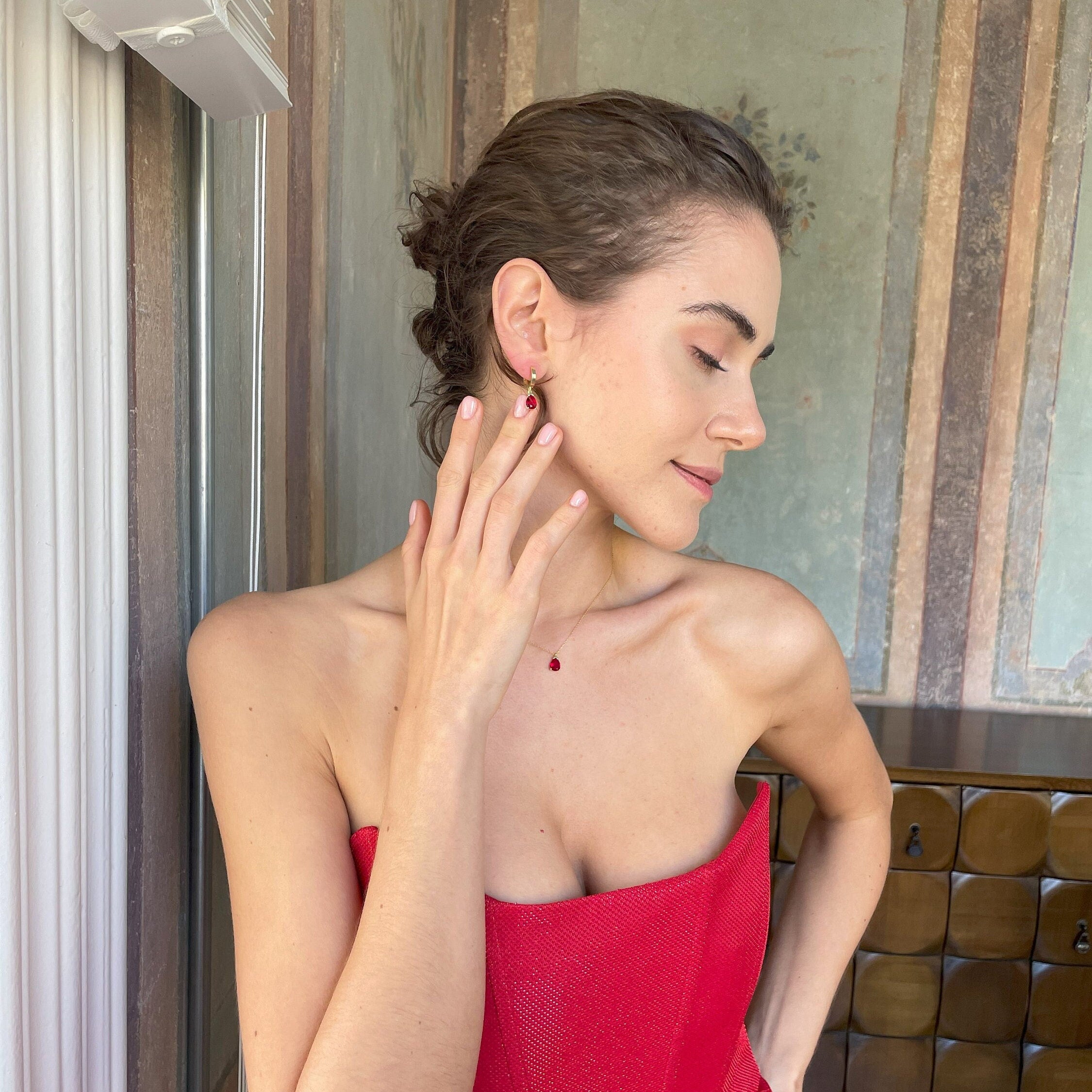 Birthstone Jewelry Set - Mothers Day Birthstone Gift - Red Garnet Sterling Silver Necklace & Earrings - January / July Birthstone