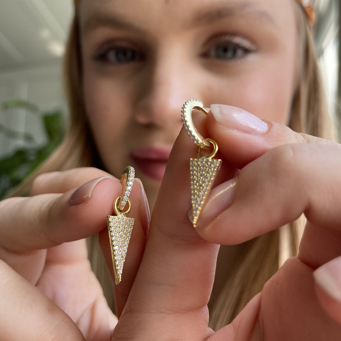 Dainty Triangle Earrings With Zirconia Gems - Gold Color Sterling Silver Dangle Earrings - Chic & Stylish - Summer Jewelry