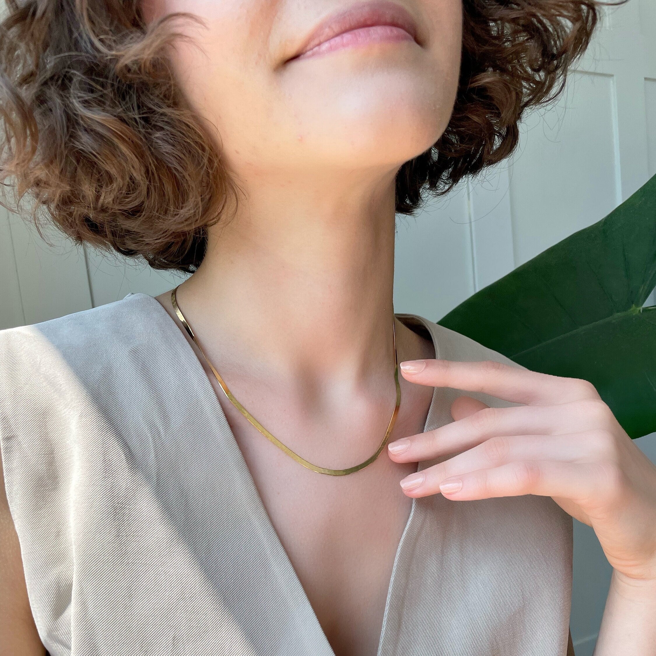 Gold Color Sterling Silver Flat Chain - Gold Snake Chain Necklace - Dainty 3 Mm Flat Herringbone Chain - Layering Necklace - Unisex Gift