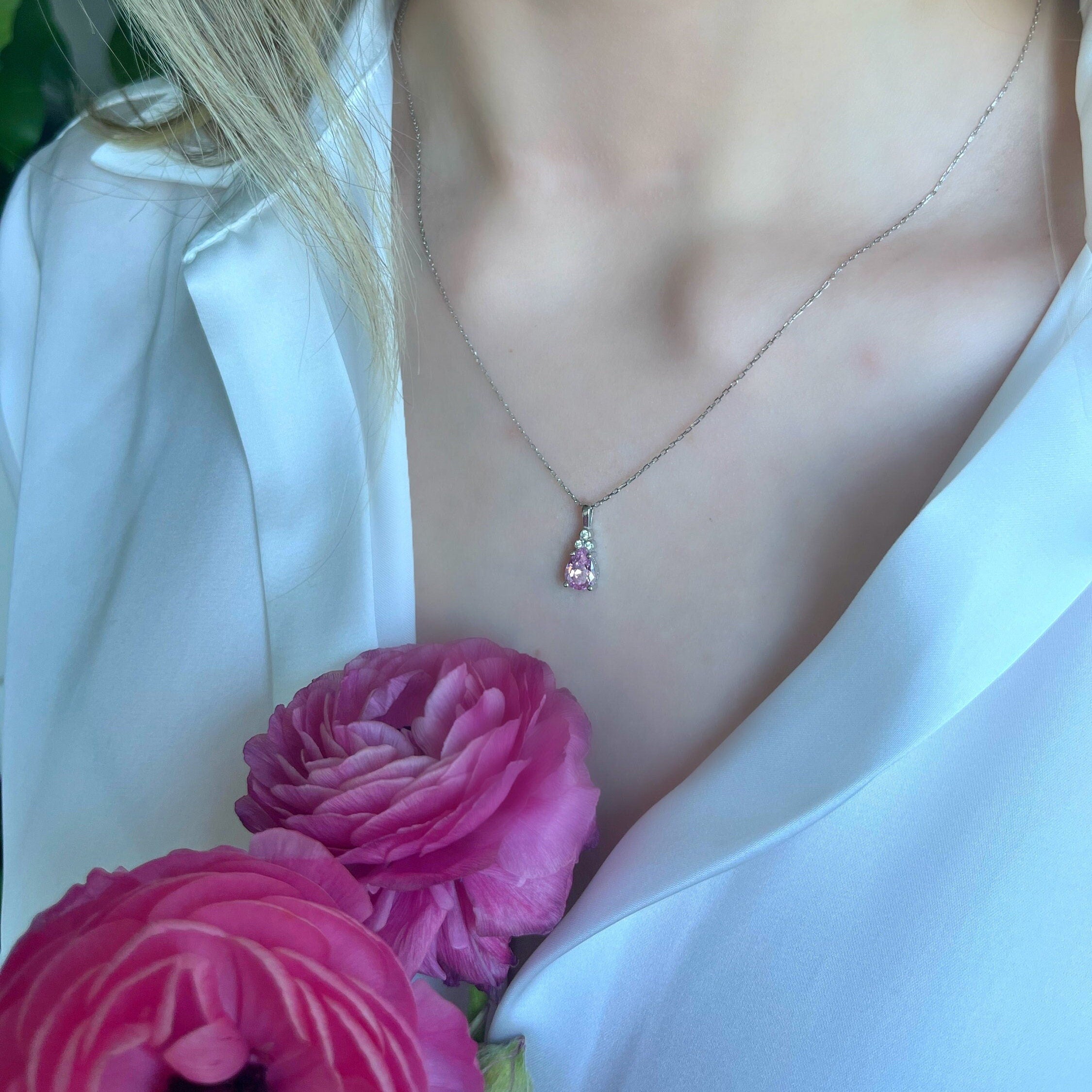 Natural Birthstone With Zirconia - Dainty Birthstone Sterling Silver Necklace - Family Birthstone Necklace Gift - Handmade Jewelry