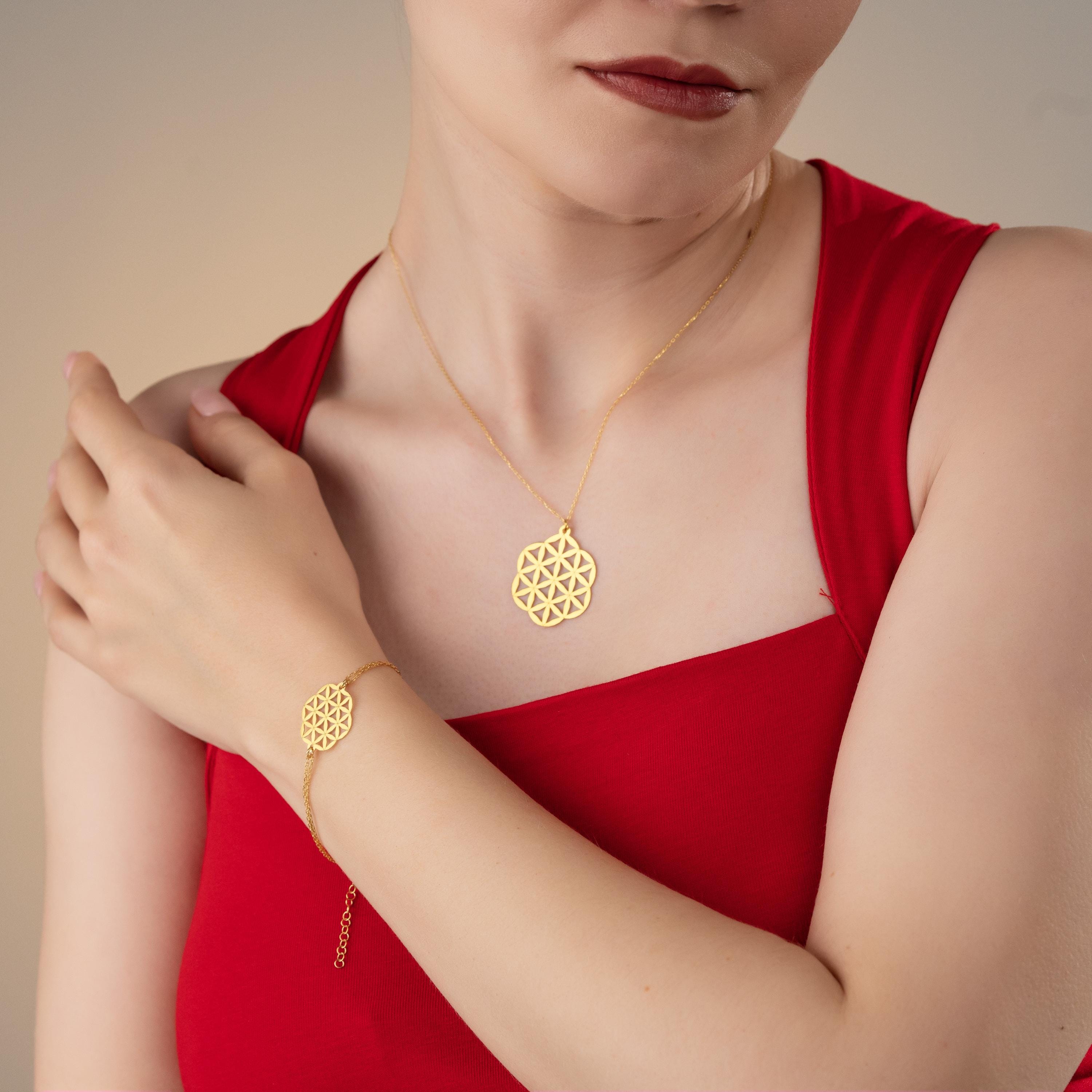 Boho Flower Of Life Jewelry Set , Dainty Gold Necklace & Bracelet For Women , Yoga Necklace And Bracelet Gift , Spiritual