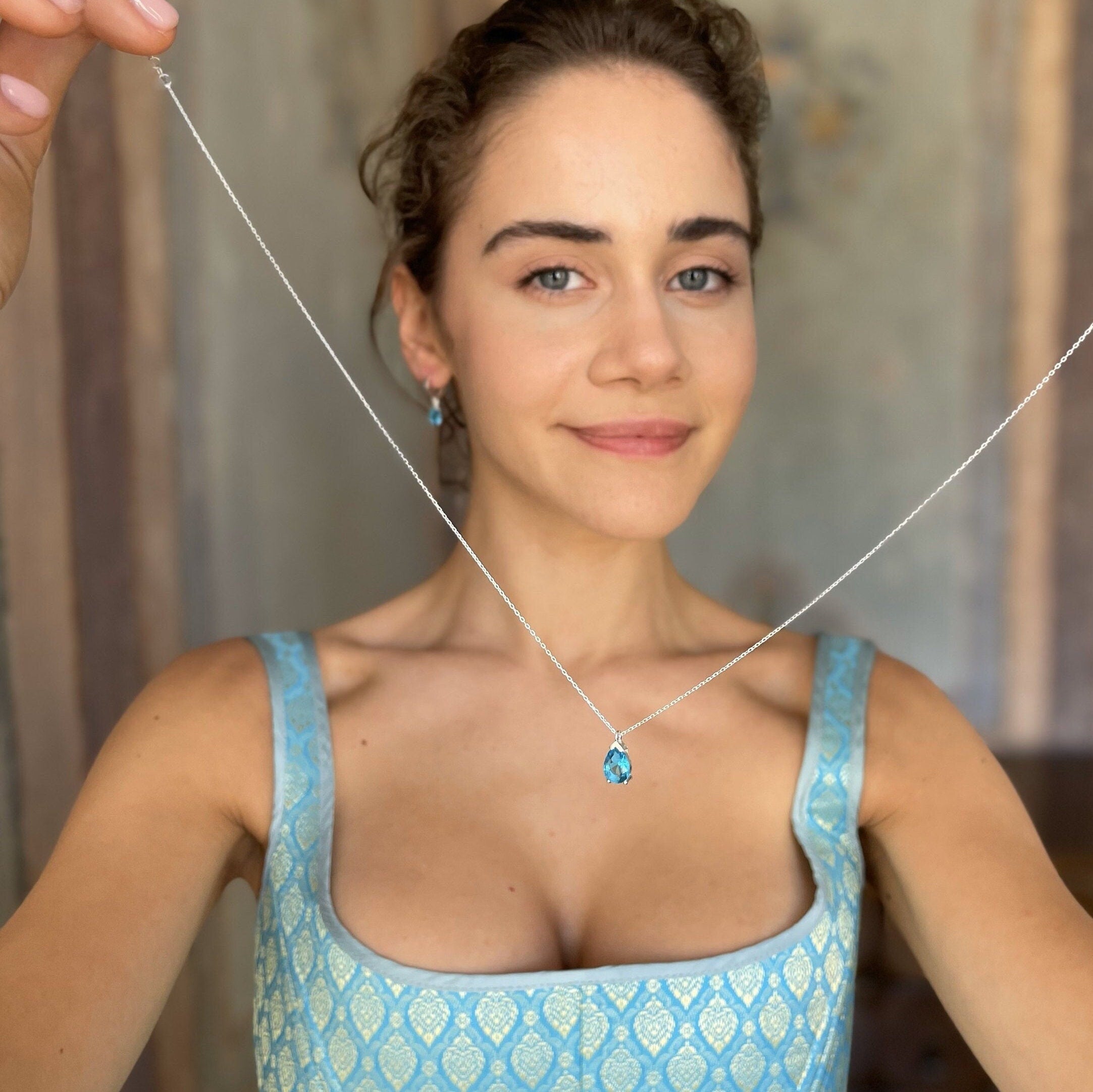 Birthstone Jewelry Set - Mothers Day Birthstone Gift - Blue Zircon Sterling Silver Necklace & Earrings - December / March Birthstone