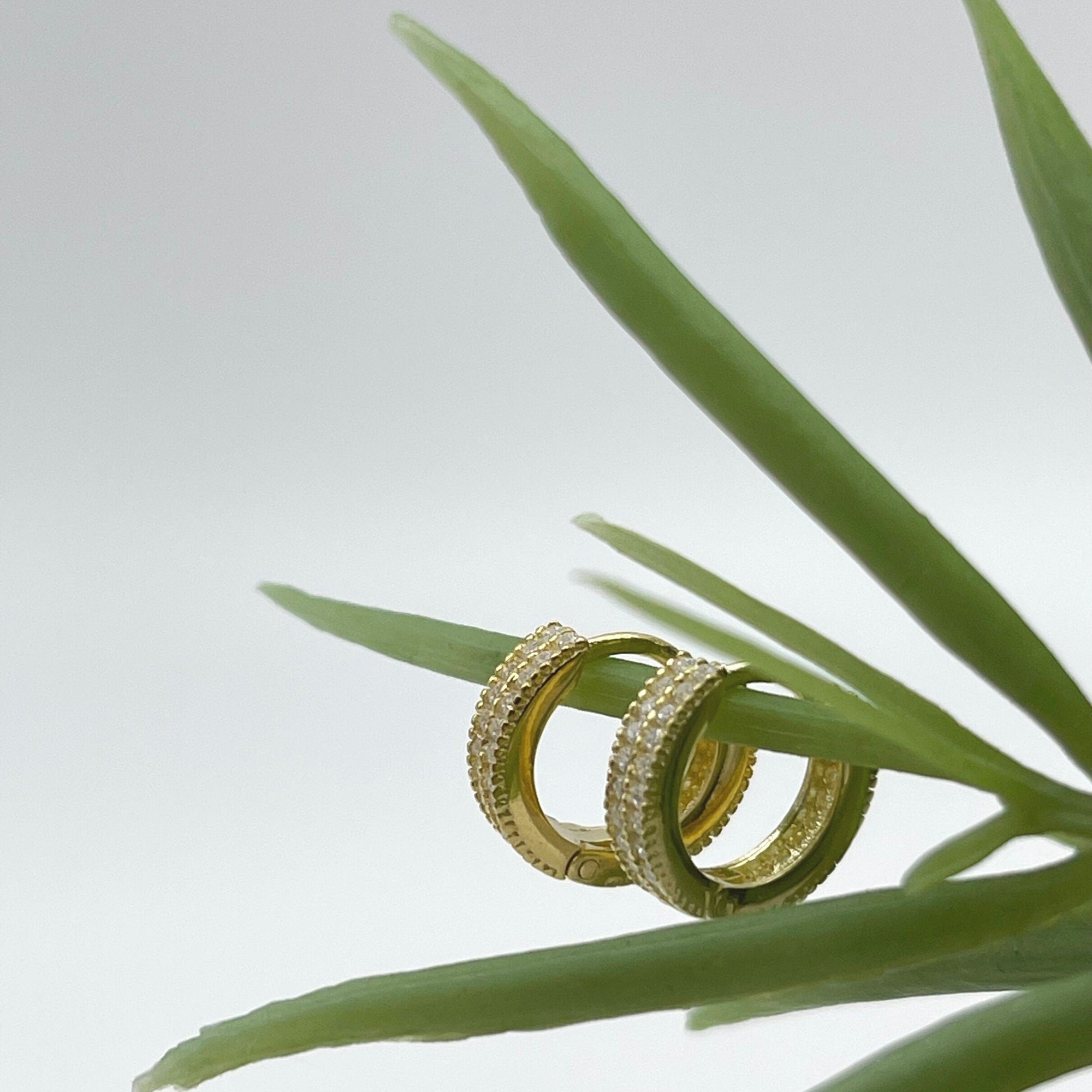 Petite Huggie Hoop Earrings - Pair Of Minimalist Two-way Huggie Hoop Earrings - Baguette Earrings - Twin Row Pave Cz Huggie Earrings