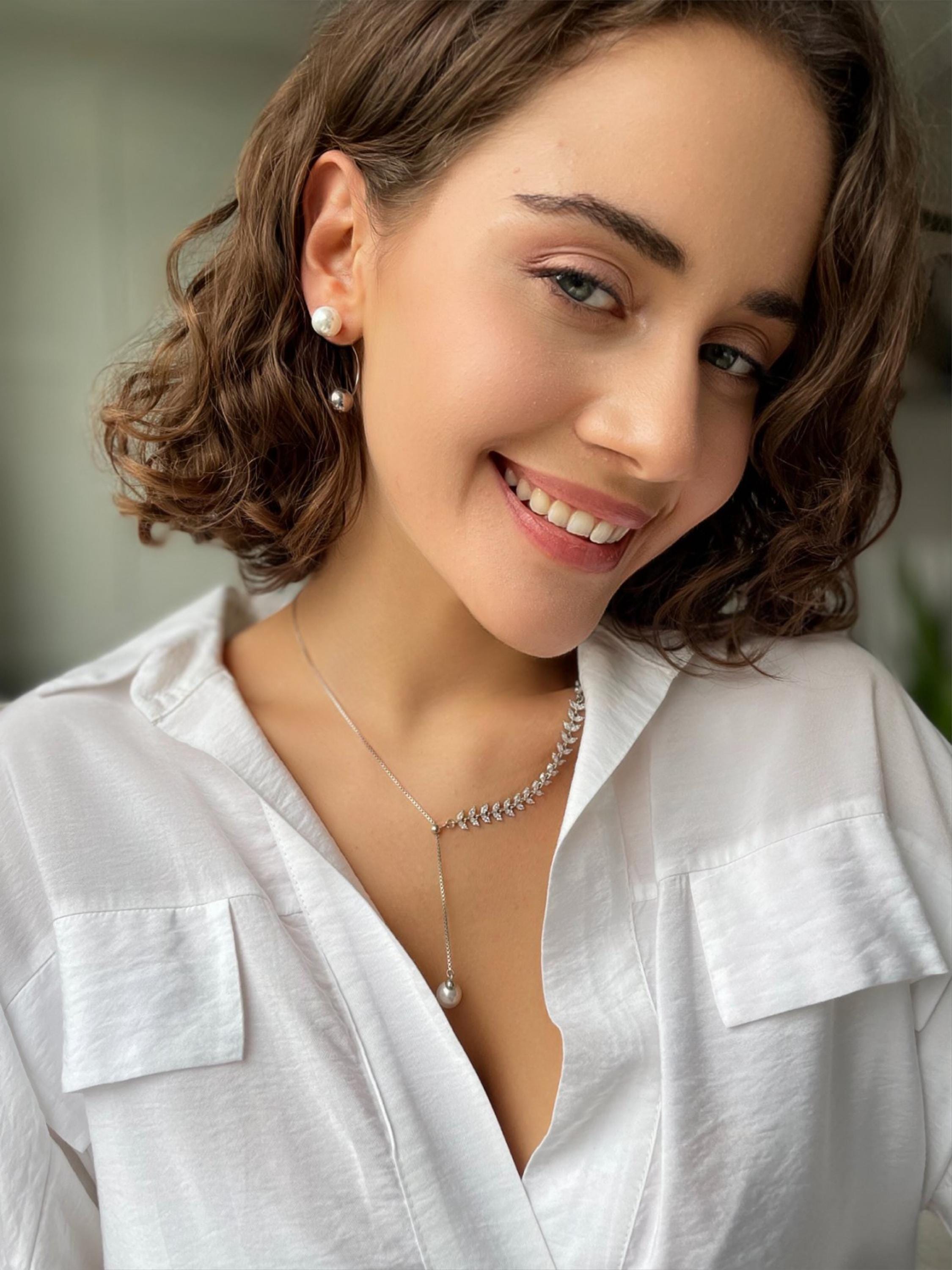 Custom Design Silver & Pearl Jewelry Set - Adjustable Slider Chain Necklace And Pearl Earrings - Valentine’s Day Gift