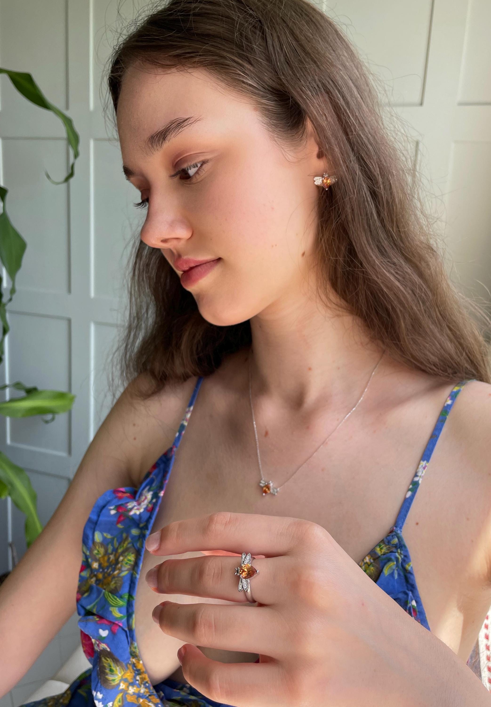 Elegant Beefancy Jewelry Set - Honeybee Inspired Necklace, Earrings And Ring Ensemble - Champagne Gemstone Stylish Honeybee Trio Set