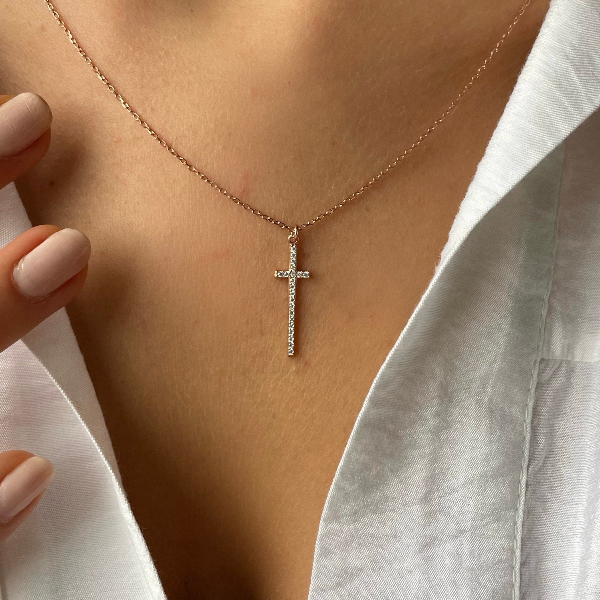 Sterling Silver Cross Necklace - Tiny Cross Pendant, Dainty Christian Jewelry, Religious Gift, Gold / Silver / Rose Gold Minimalist Necklace