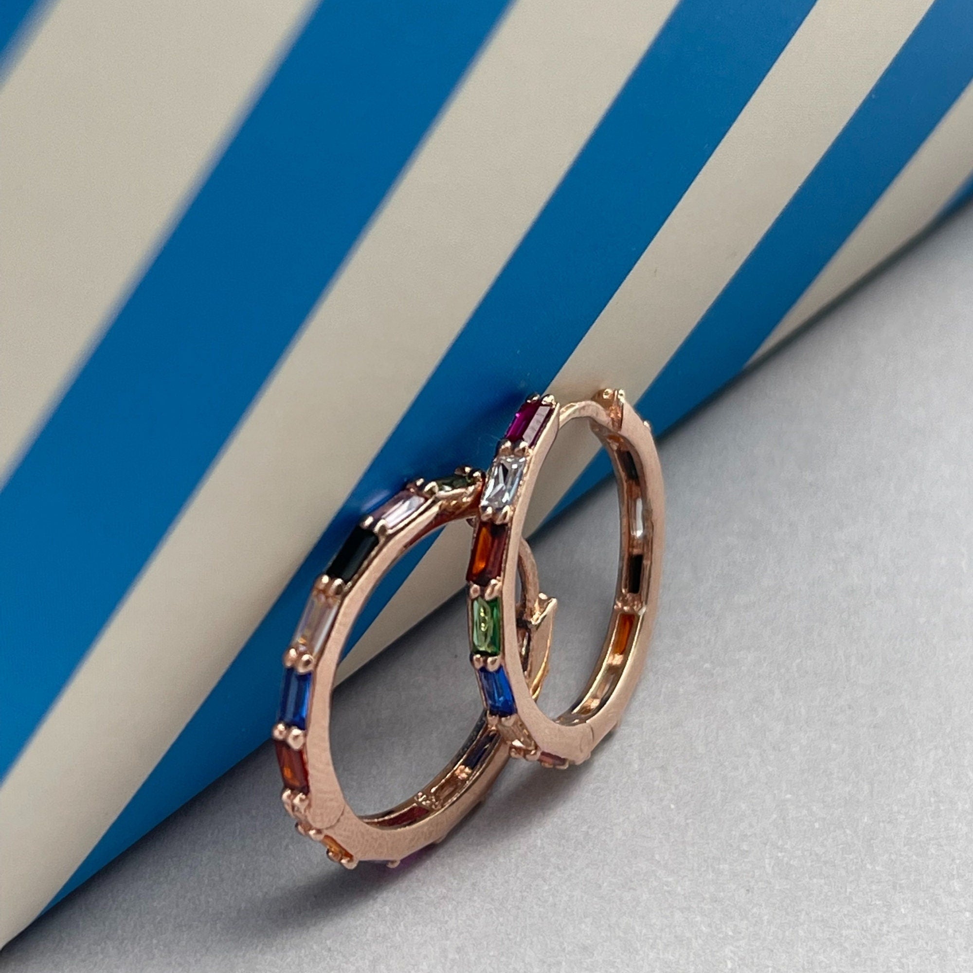 Rainbow Zircon Huggie Earrings - Rose Gold Hoops - Multi Coloured Gemstones In Sterling Silver Round Earrings