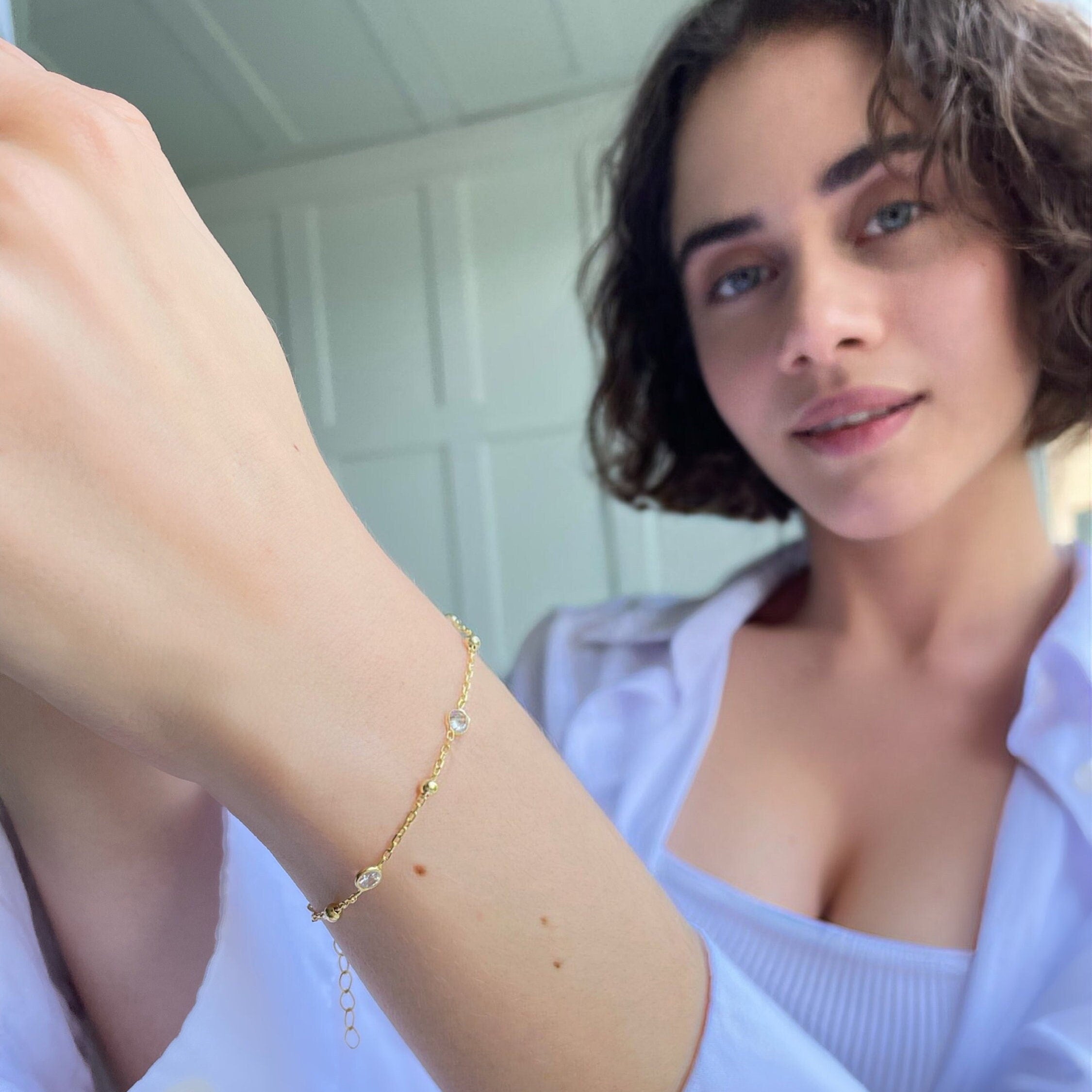 Minimalist Cz Bezel Chain Bracelet - Gold Plated Bracelet With Zirconia And Tiny Balls - Women Jewelry - Bridesmaid Gift - Dainty Bracelet