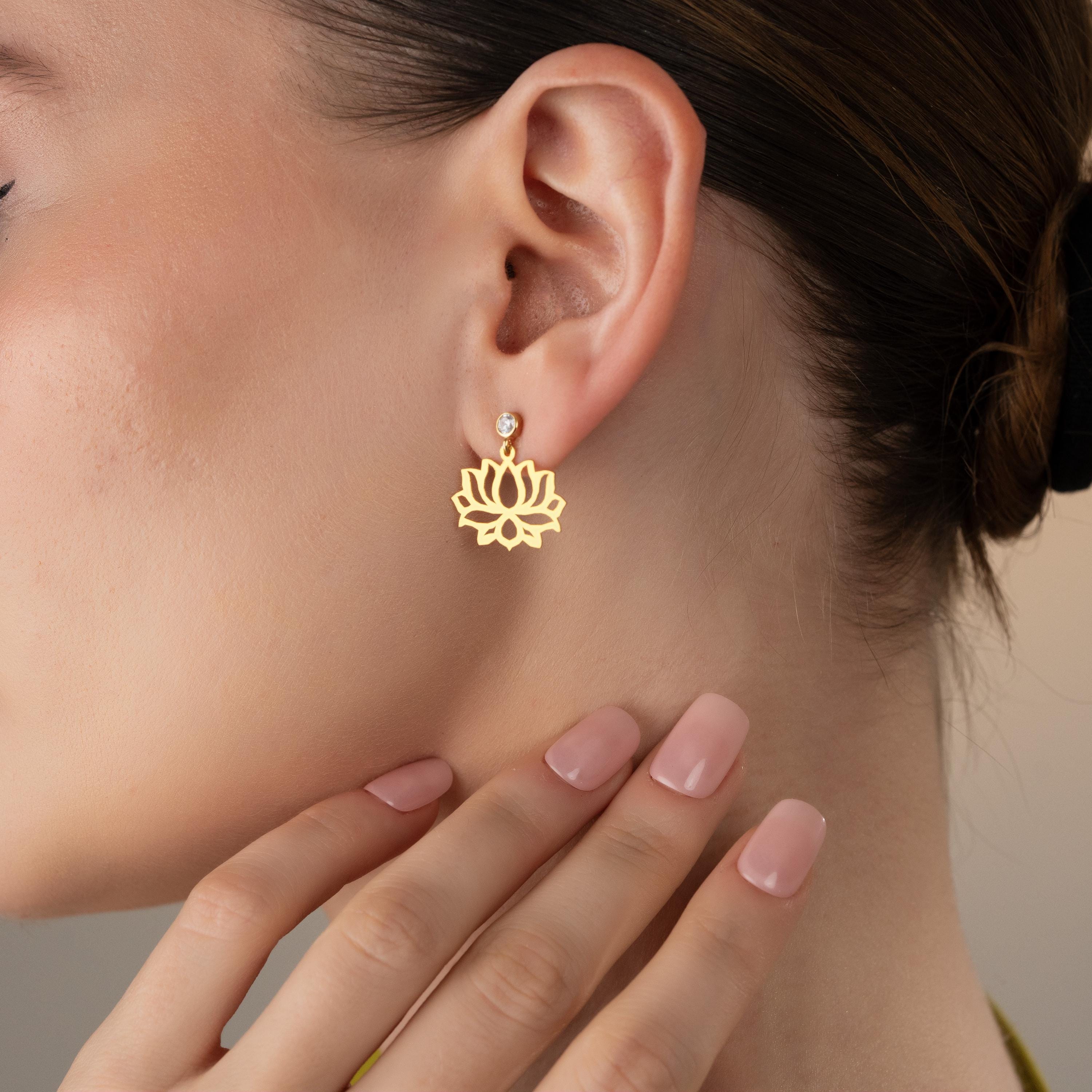 Gold Lotus Flower Jewelry Set, Dainty Bracelet & Earrings