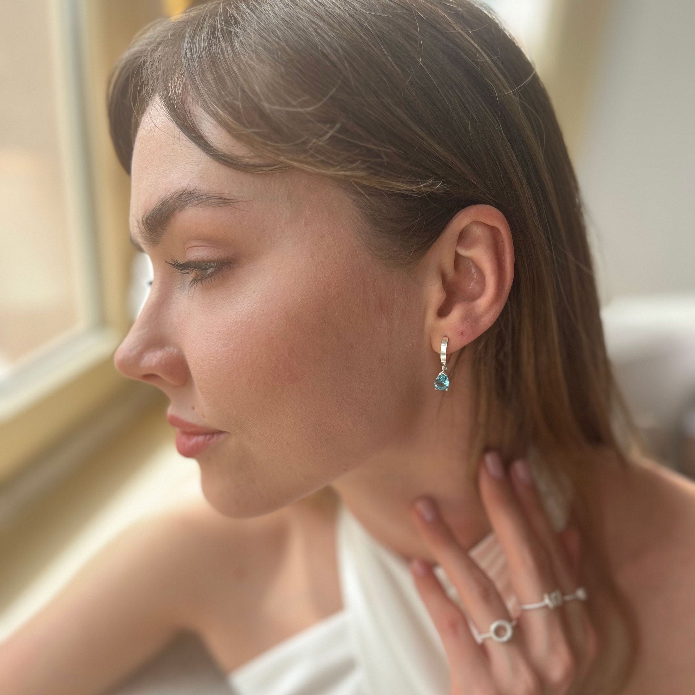 Blue Zircon Drop Birthstone Earrings - Aquamarine/emerald/garnet/sapphire Dangle Earrings - Dainty Silver Hoops - Summer Jewelry