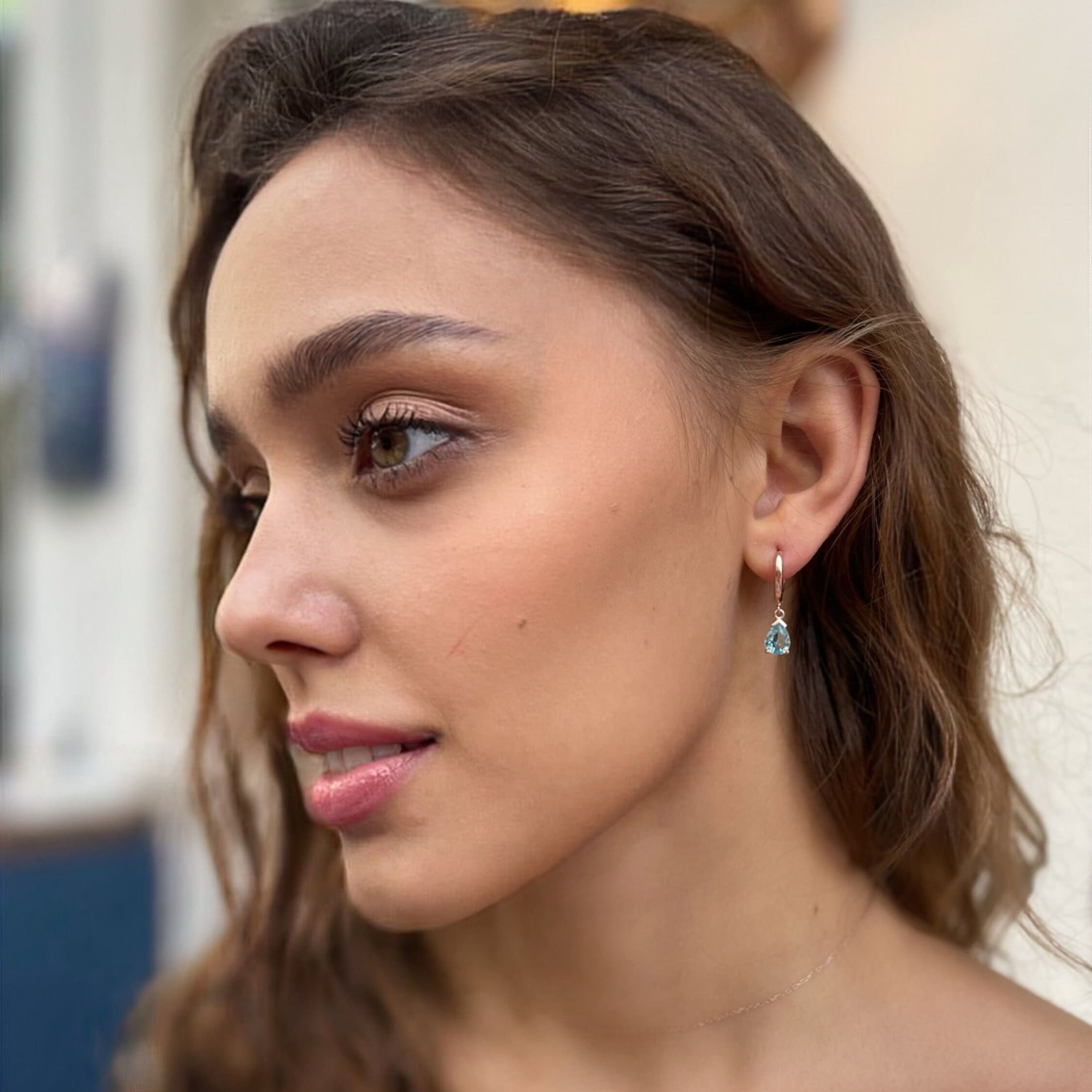 Blue Zircon Drop Birthstone Earrings - Aquamarine/emerald/garnet/sapphire Dangle Earrings - Dainty Silver Hoops - Summer Jewelry