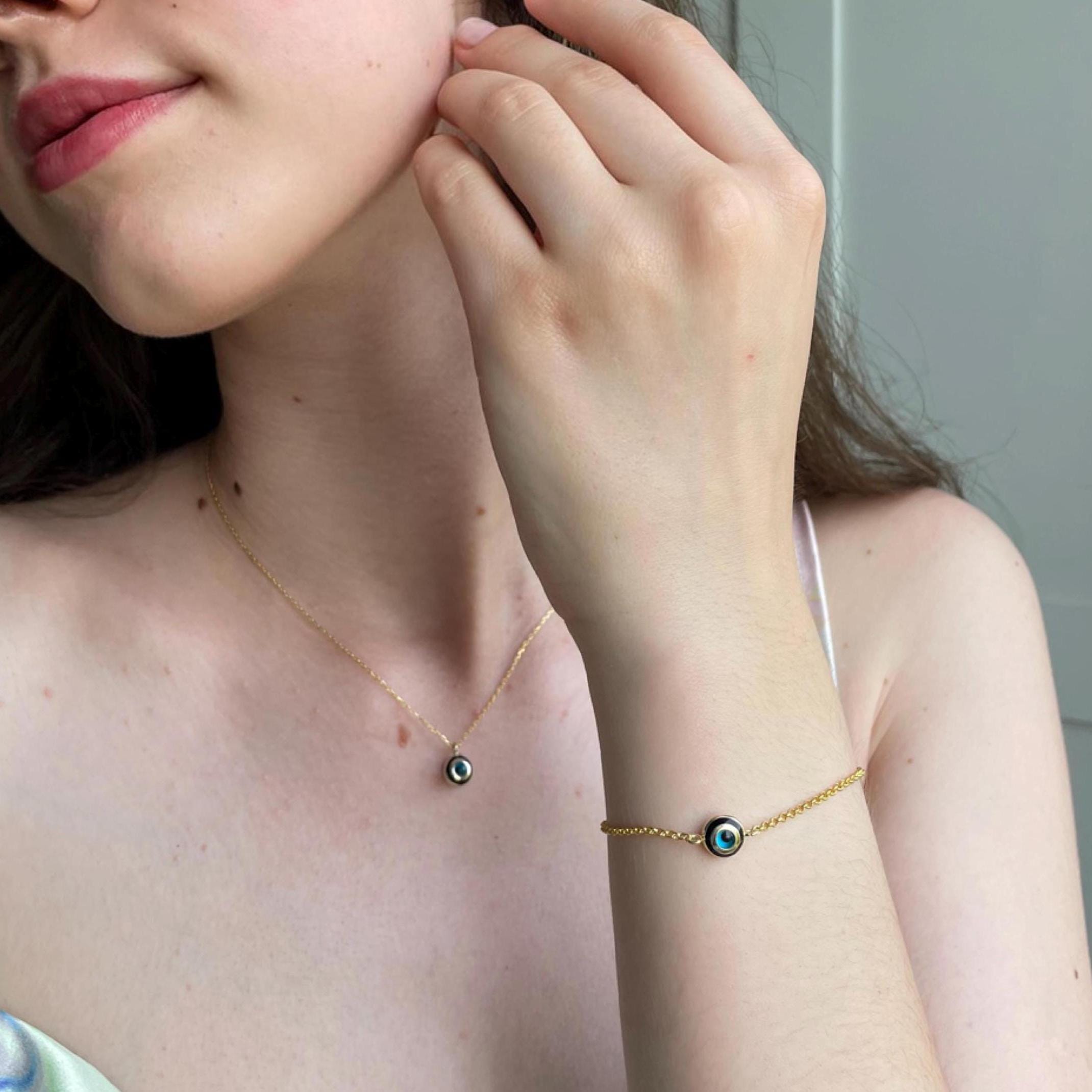 Lucky Charm Evil Eye Necklace For Protection , Minimalist Blue Evil Eye Pendant , Black And White Enamel Round Evil Eye , Gold/silver Chain