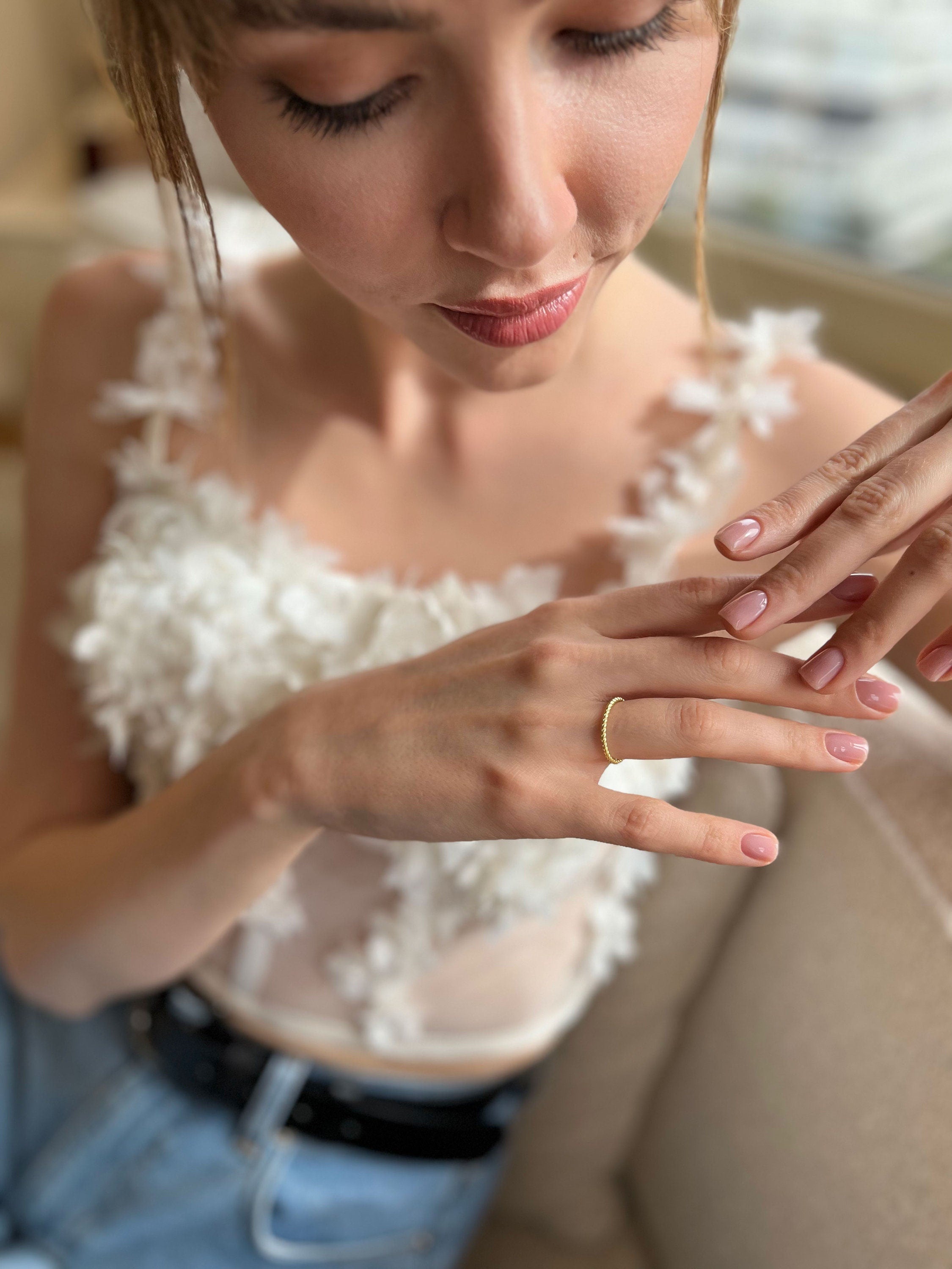 Gold Color Twisted Rope Ring - Anniversary Ring - Thin Gold Band Dainty Ring - Wedding Band - Sterling Silver Summer Jewelry