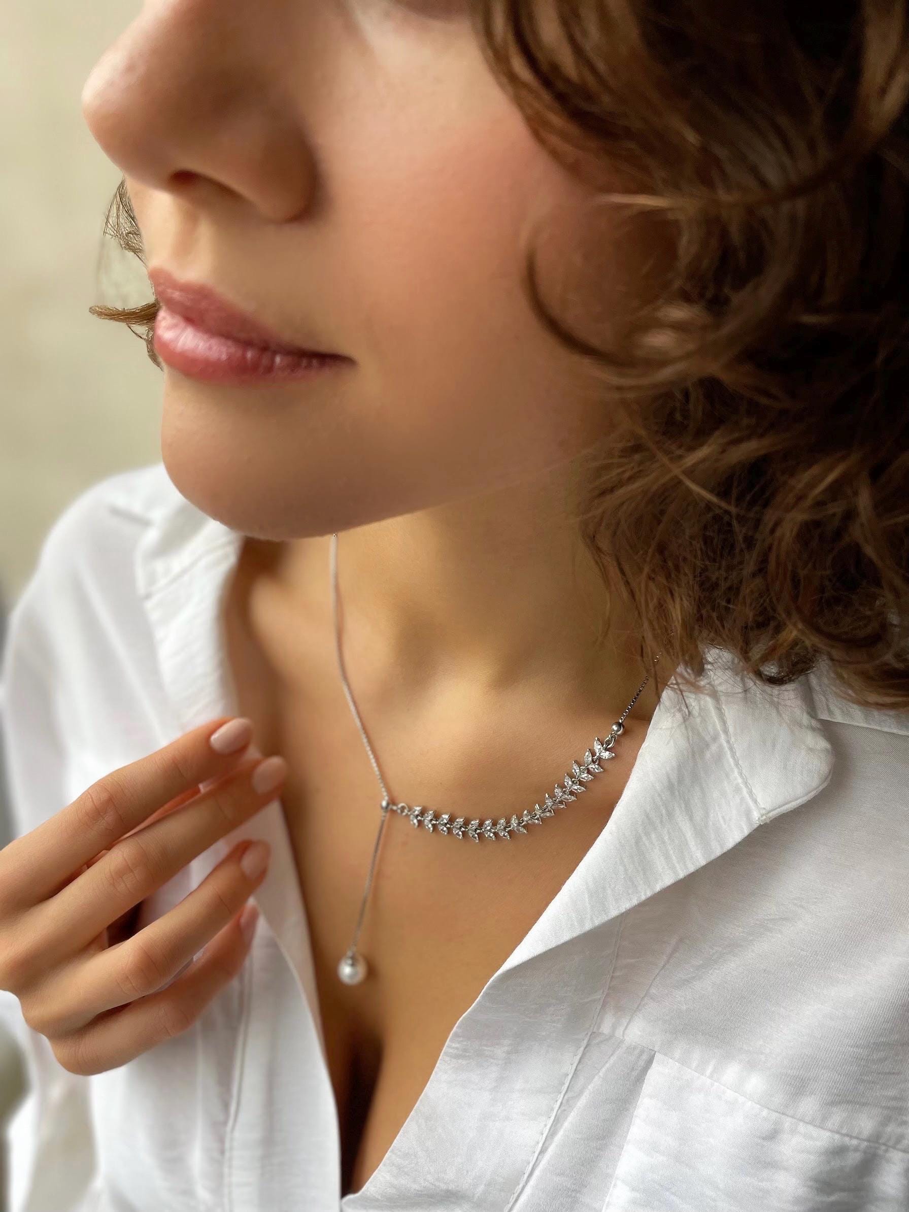 Custom Design Silver & Pearl Jewelry Set - Adjustable Slider Chain Necklace And Pearl Earrings - Valentine’s Day Gift