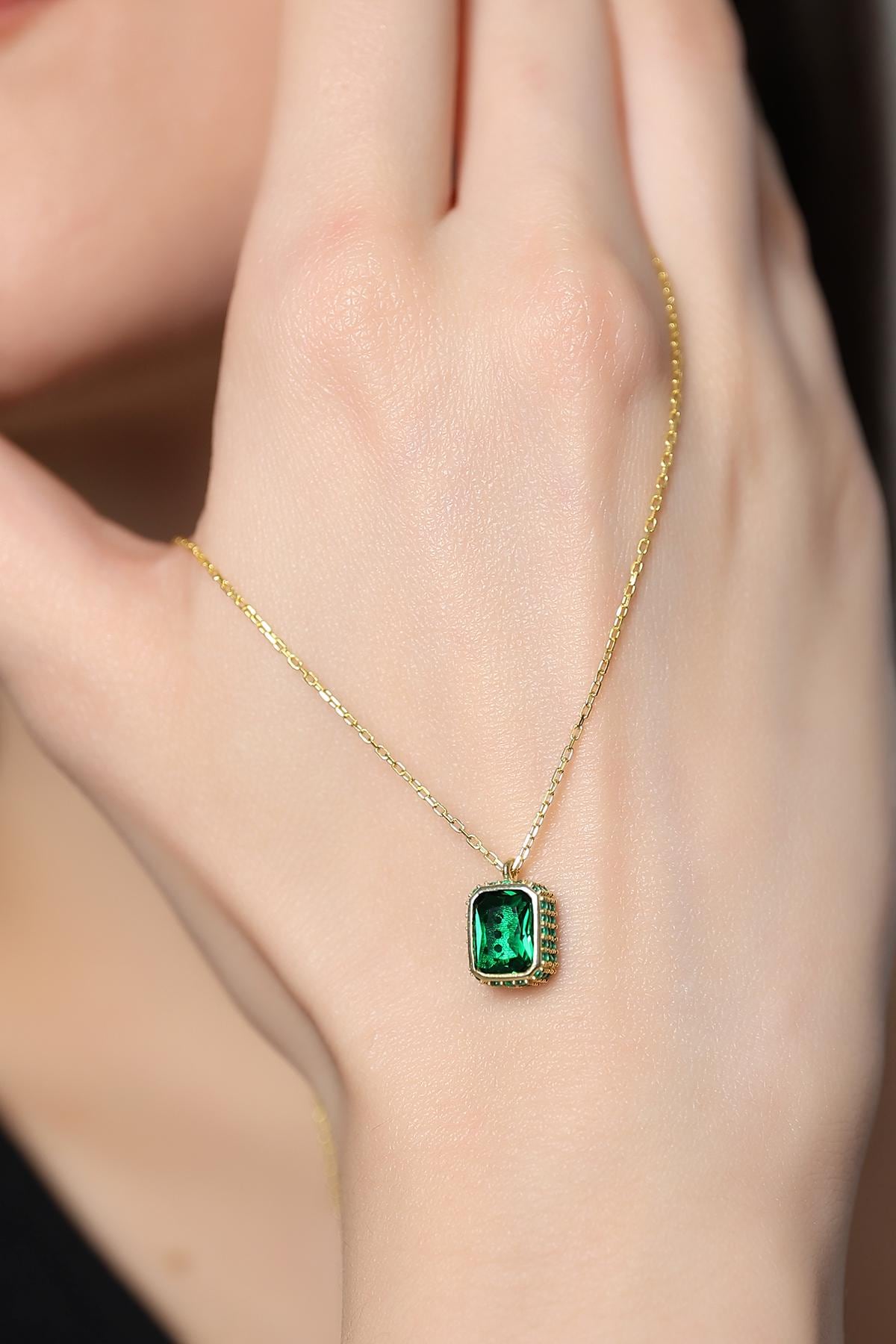 Baguette Cut Emerald Necklace , Gold Framed Gothic Black Gem Pendant , Handmade Timeless Jewelry , Emerald Cut Solitaire Silver Necklace