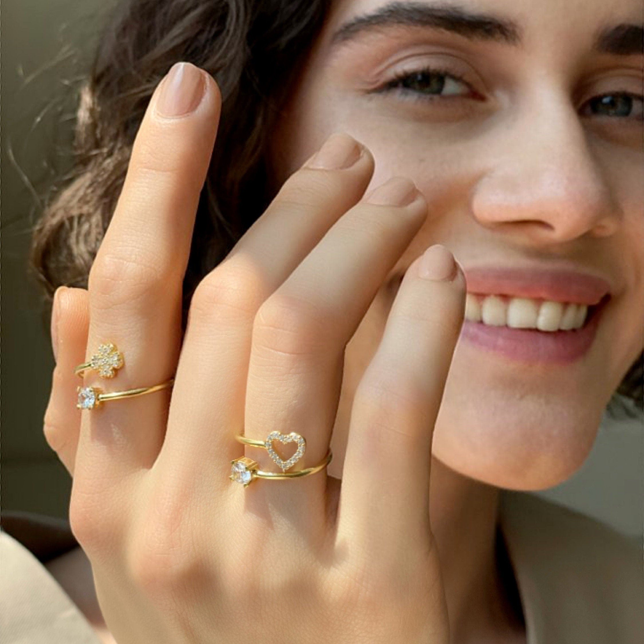 Marriage Heart Spiral Ring - Gold Plated Open Adjustable Ring - Dainty Sterling Silver Jewelry - Sparkling Heart Ring - Wedding Jewelry