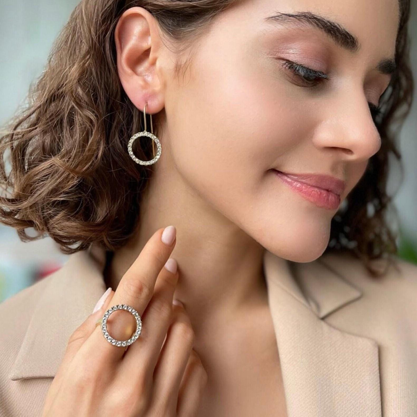 Cz Halo Jewelry Set - Zirconia Ring &earrings - Shimmering Circle Drop Earrings - Bridal Jewelry Set - Silver And Gold Plated Options