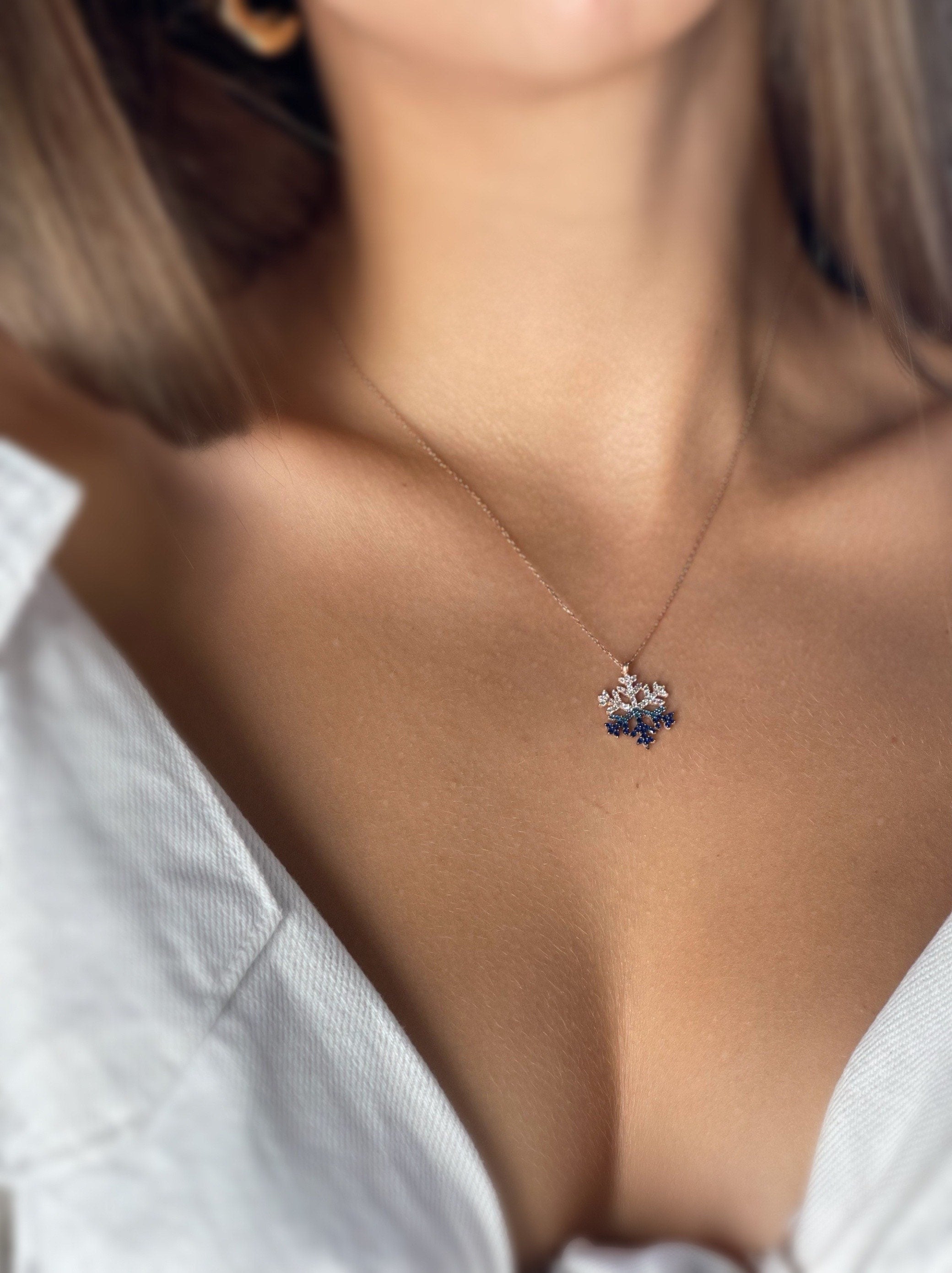 Silver Snow Flake Necklace, Modern Look Multicolor Cubic Zircon Pendant , Winter Present, Snow Flake Handmade Jewelry,