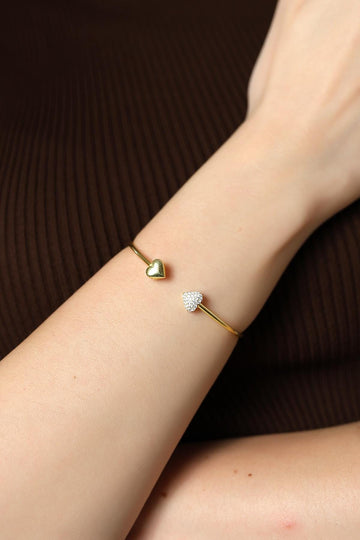 Romantic Gold Heart Bracelet , Pavé Heart Cuff , Dainty Heart Bracelet , Elegant Gold Bracelet , Handmade ,