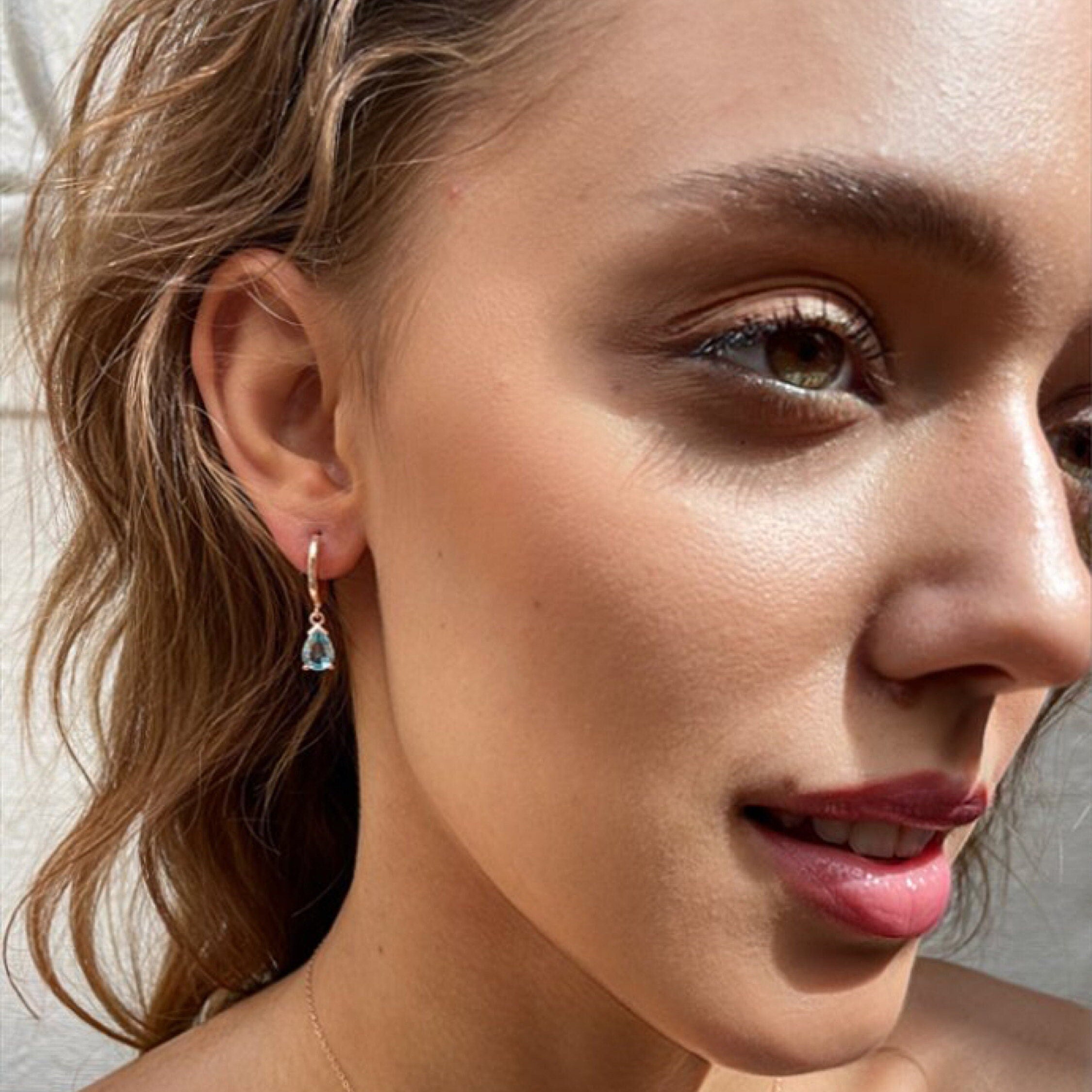 Blue Zircon Drop Birthstone Earrings - Aquamarine/emerald/garnet/sapphire Dangle Earrings - Dainty Silver Hoops - Summer Jewelry