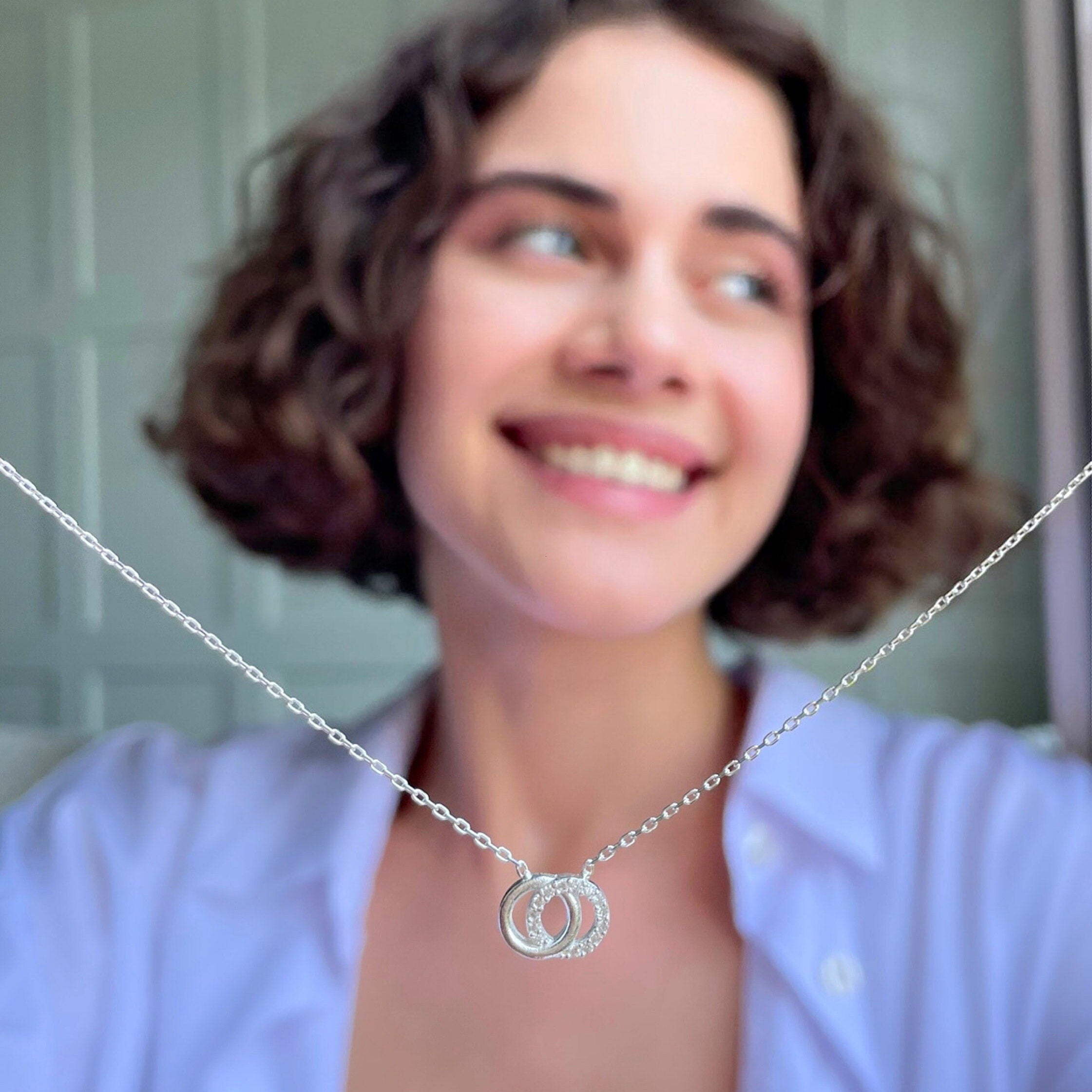 Sterling Silver Double Ring Necklace -togetherness Eternal Ring Necklace - Cz Double Circle Linked Necklace -