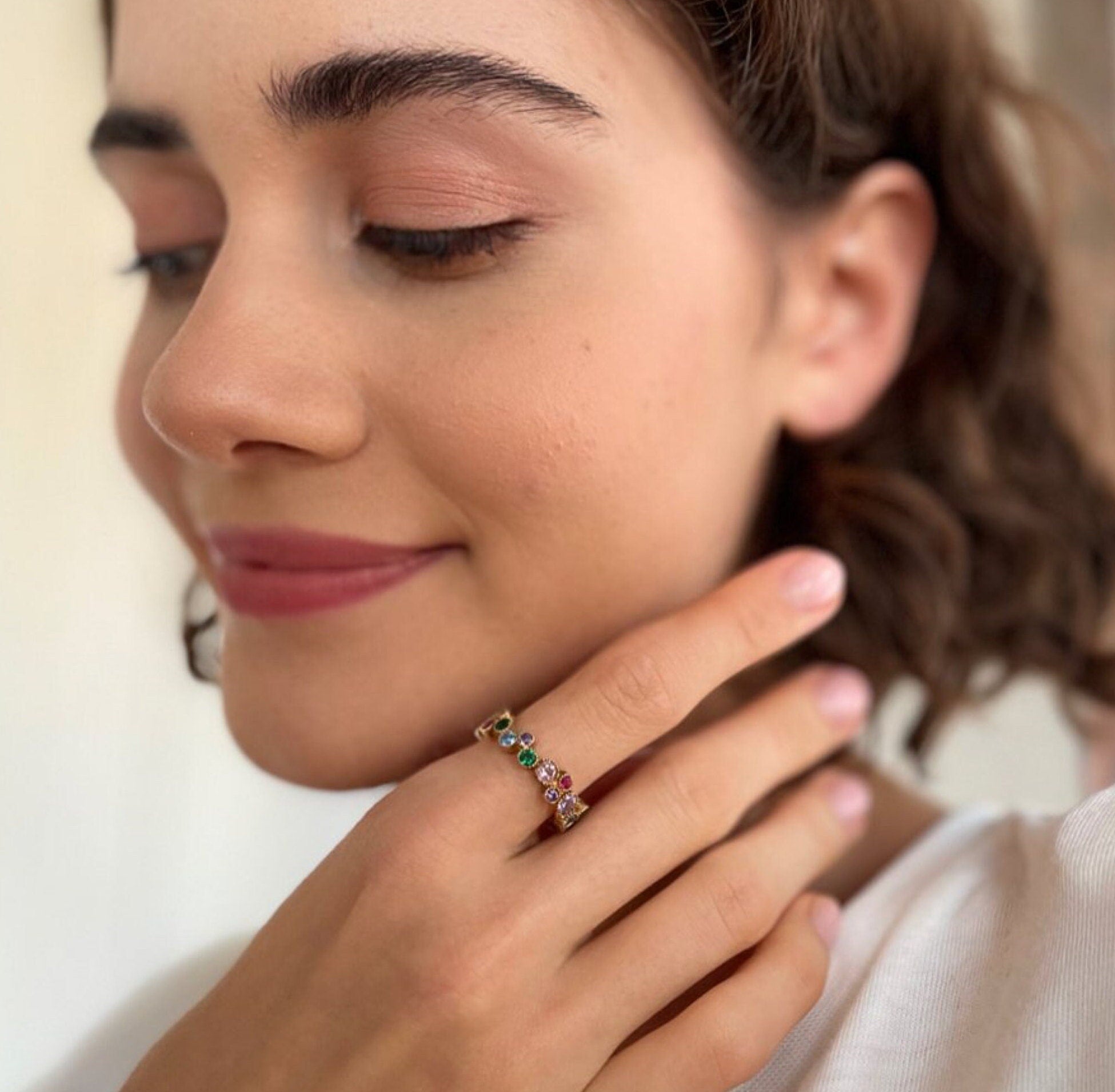 Fancy Rainbow Ring - Multicolor Zirconia Ring - Colorful Cz Crystal Ring - Gold Plated Jewelry - Dazzling Statement Ring