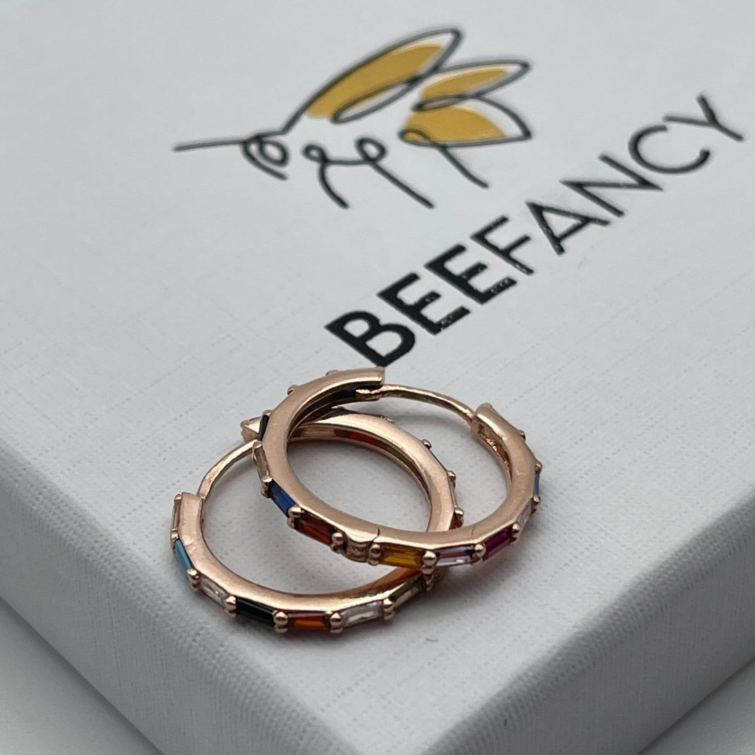 Rainbow Zircon Huggie Earrings - Rose Gold Hoops - Multi Coloured Gemstones In Sterling Silver Round Earrings