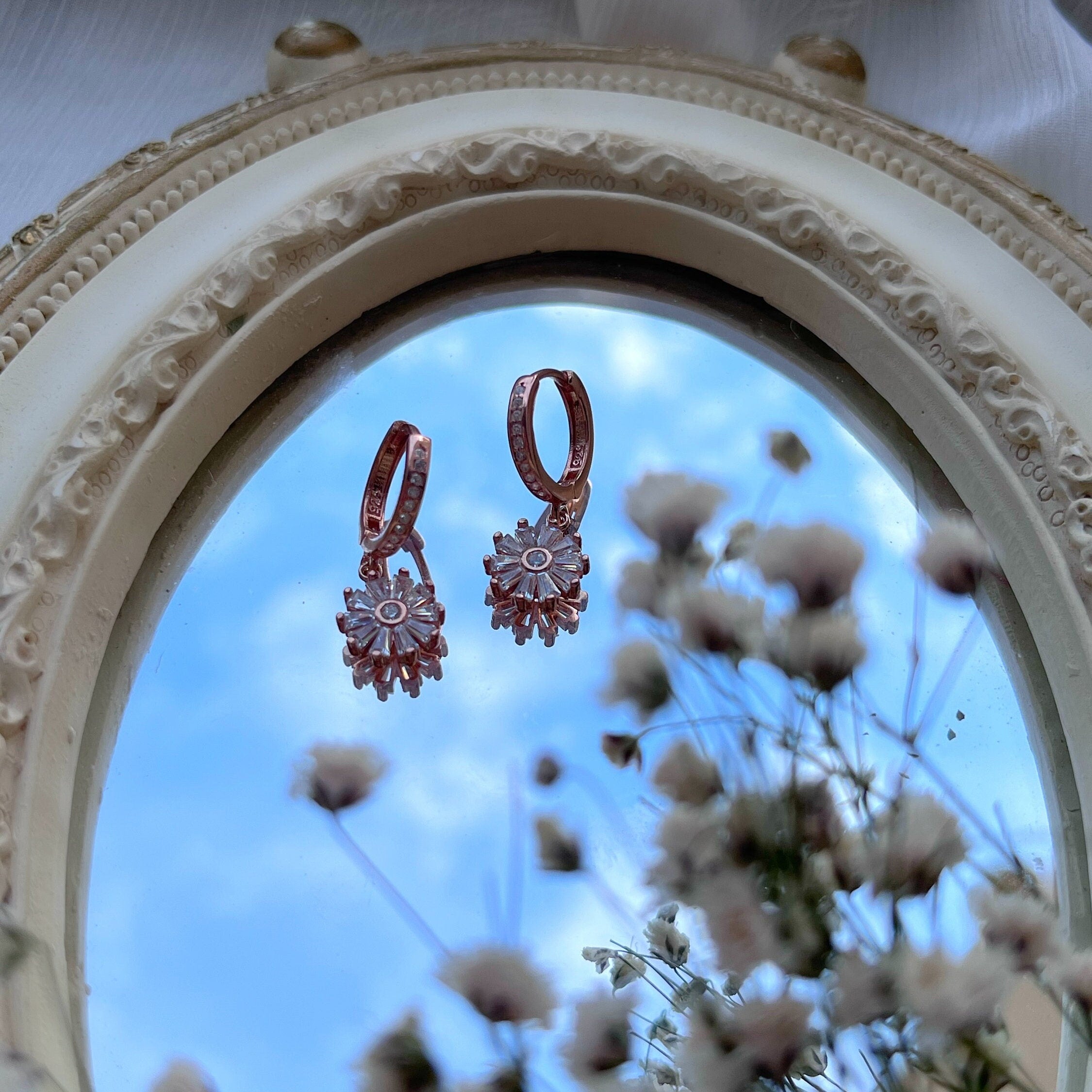 Daisy Dangle Cz Earrings - Sterling Silver Floral Dainty Pendant - Unique Design With Zircon Gemstones - Dainty Handmade Earring Jewelry