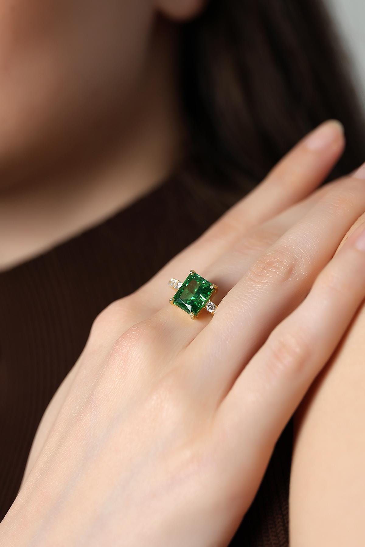Stunning Emerald Ring, Classic And Timeless Jewelry, Princess Cut Emerald Ring, Anniversary Or Promise Ring, Gold Ring With Sparkling Stones