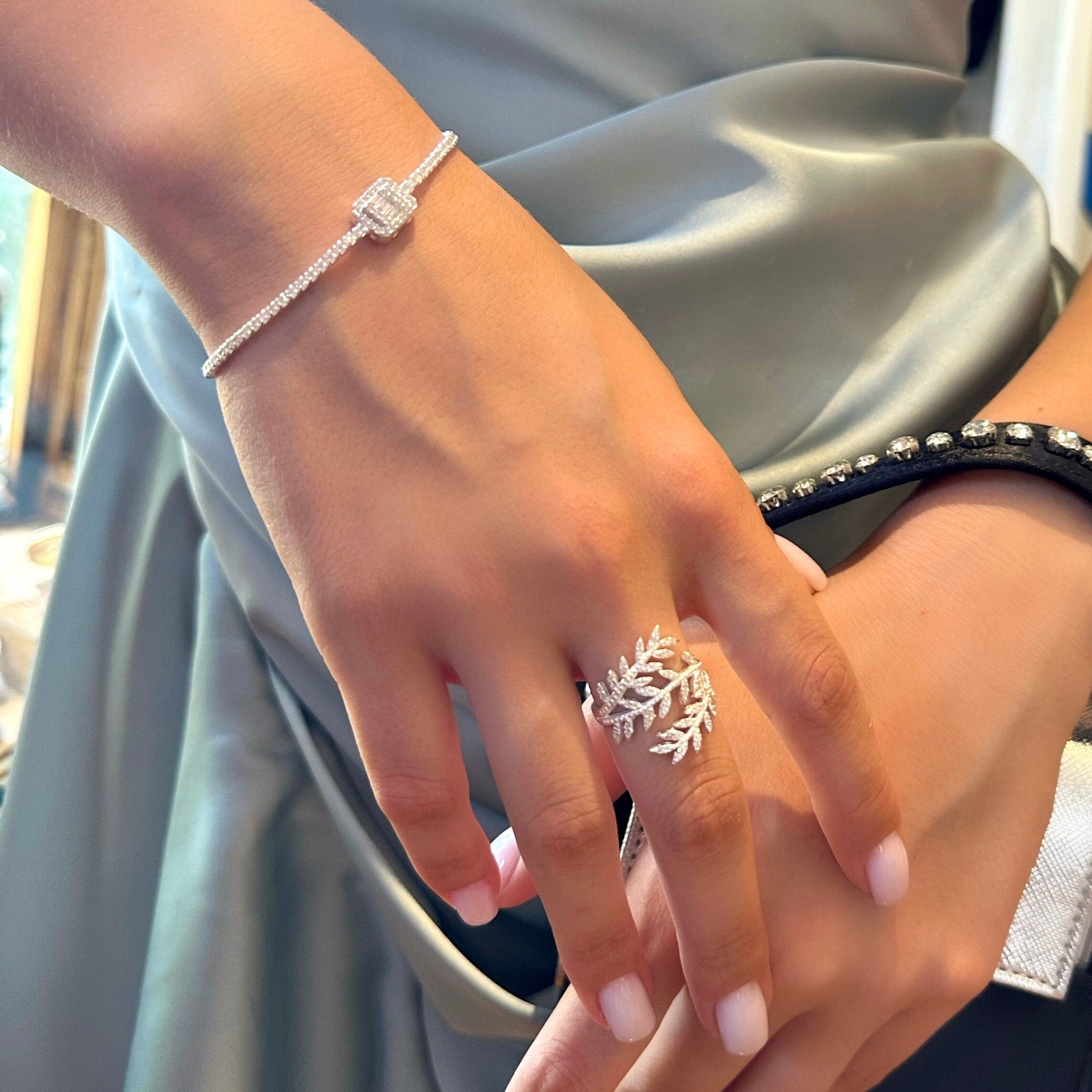 Silver Tennis Bracelet With Glittering Rhinestone Baguettes - Handcrafted Luxury Bracelet - Elegant Silver Jewelry - Bridemaids Gift