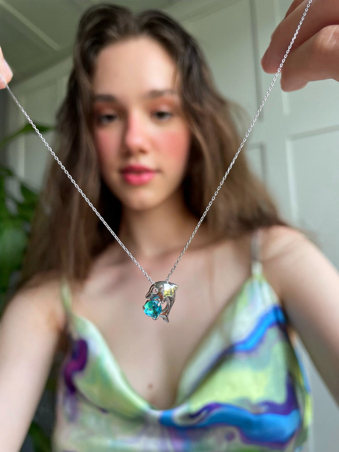 Blue Topaz Dolphin Necklace - Aquamarine Gem Dolphin Pendant - 925 Sterling Silver Jewelry - Animal Lover Gift