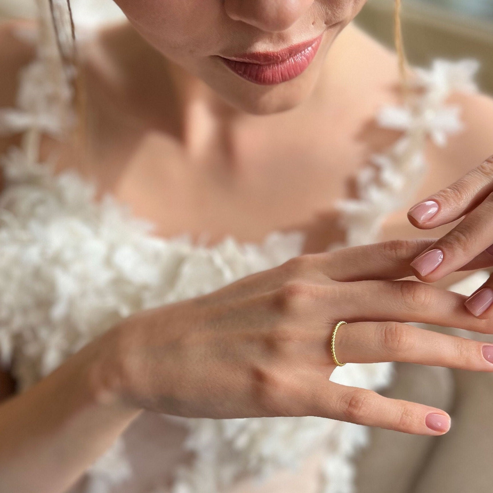 Gold Color Twisted Rope Ring - Anniversary Ring - Thin Gold Band Dainty Ring - Wedding Band - Sterling Silver Summer Jewelry