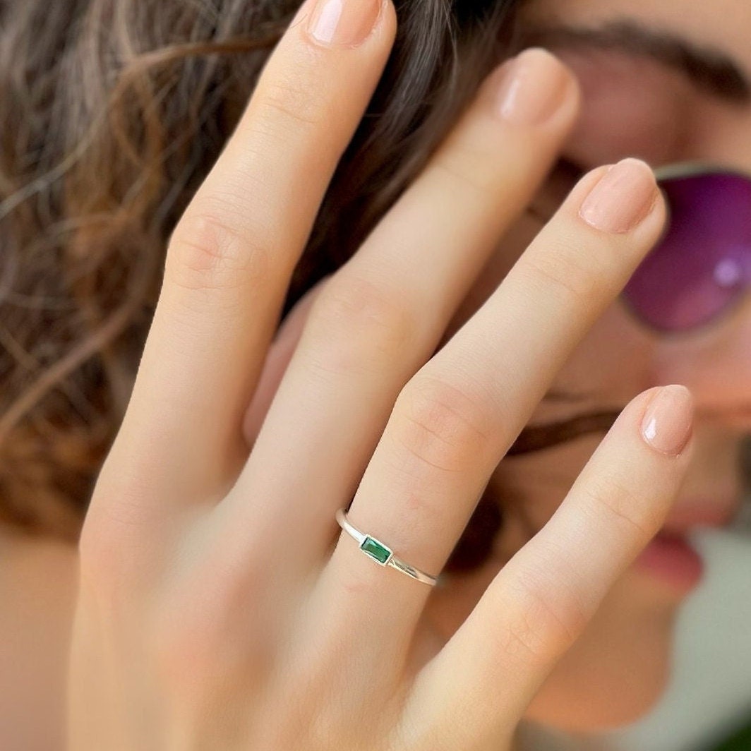 Emerald Baguette Cut Ring - Rectangle Emerald Gemstone Ring - Minimalist Elegance For Women - Baguette Stacking Ring - Handmade Jewelry