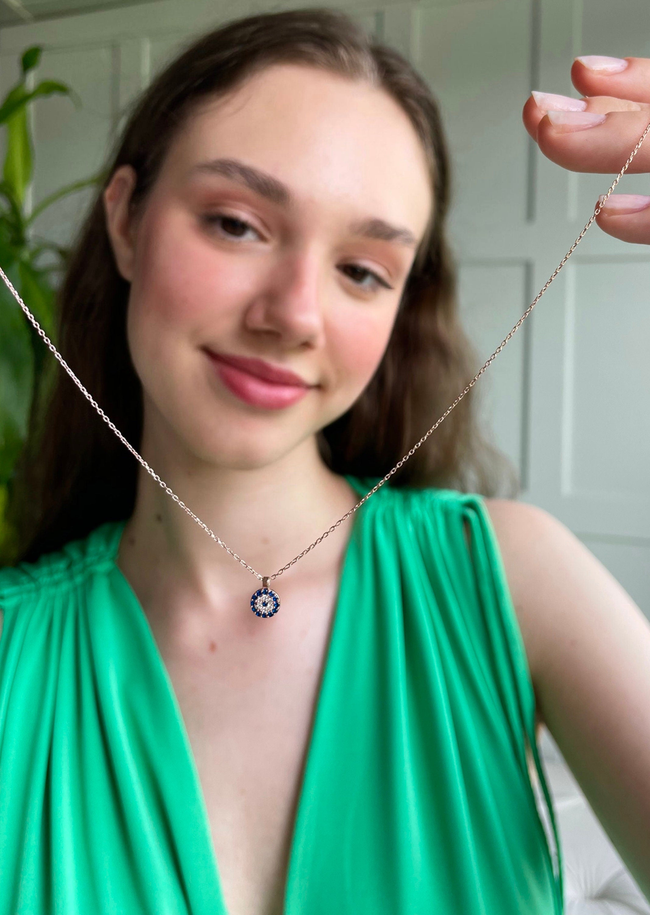 Minimalist Evil Eye Necklace - Blue Eye Protection Necklace - 925 Sterling Silver Jewelry - Silver & Rose Gold Chain