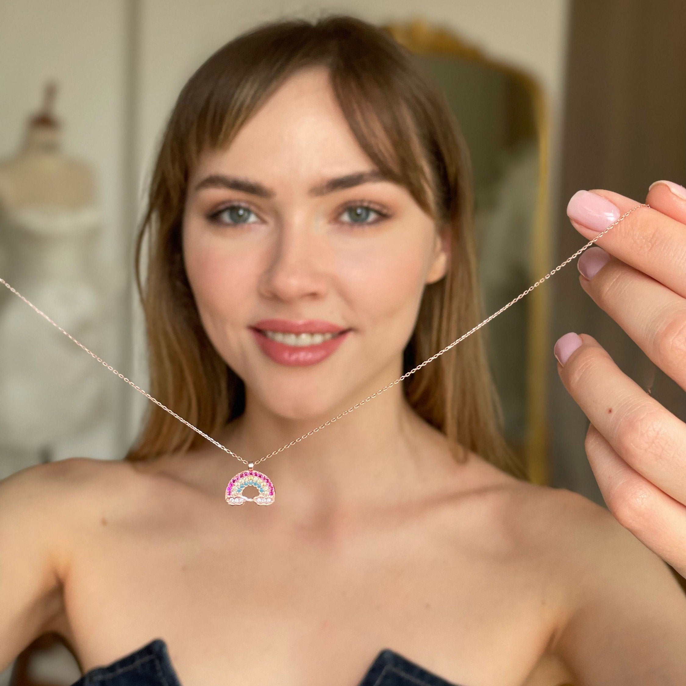 Rainbow Pendant Sterling Silver Necklace, Everyday Silver Necklace, Sterling Silver Jewelry, Summer Jewelry, Colorful Rainbow Cloud Necklace