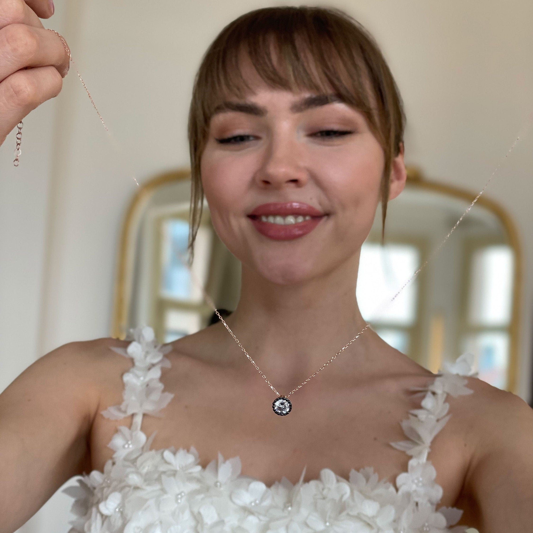 Round Cut Halo Necklace, O-chain Sterling Silver Jewelry, Sterling Silver Dainty Round December Necklace, White Zircon Solitaire Pendant