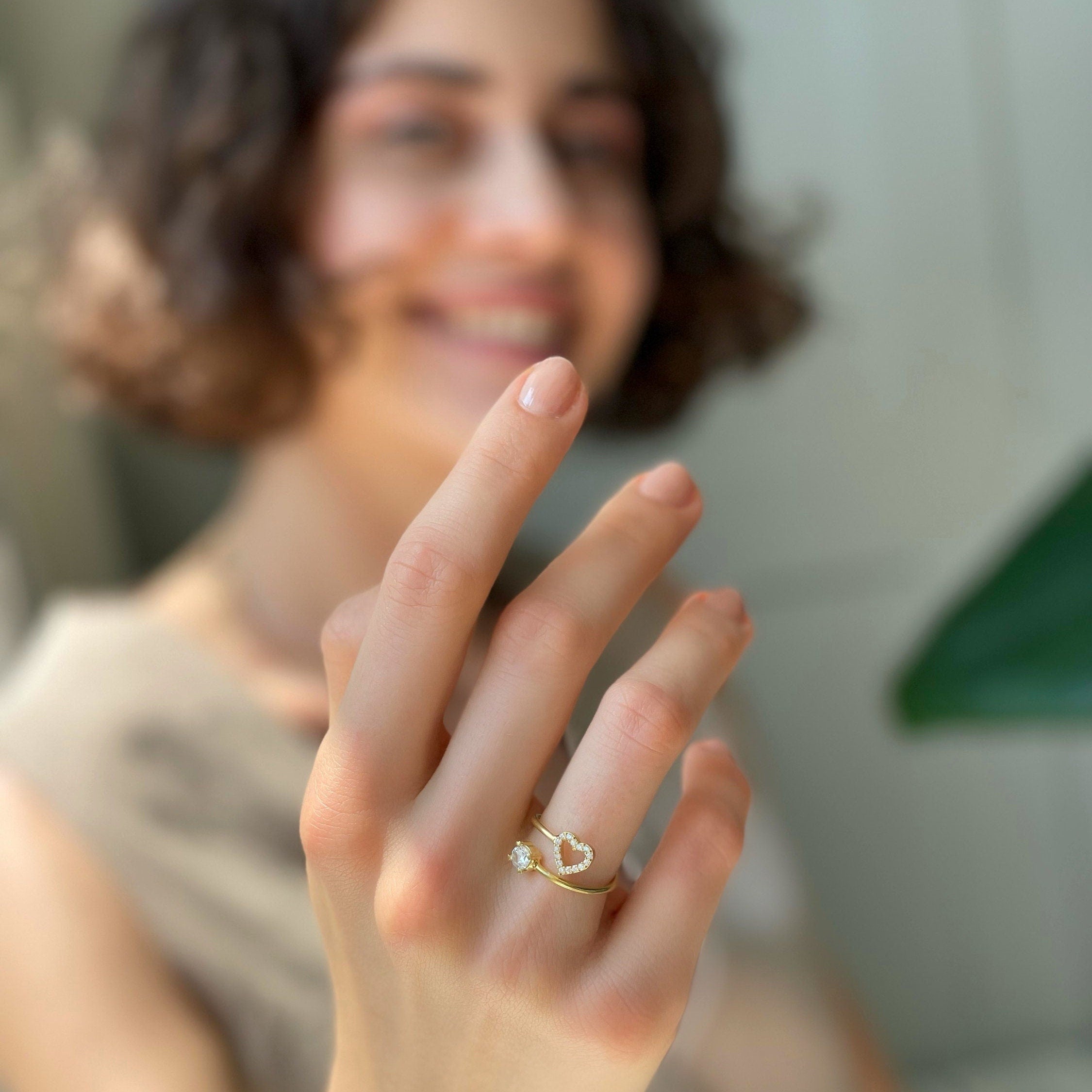 Marriage Heart Spiral Ring - Gold Plated Open Adjustable Ring - Dainty Sterling Silver Jewelry - Sparkling Heart Ring - Wedding Jewelry