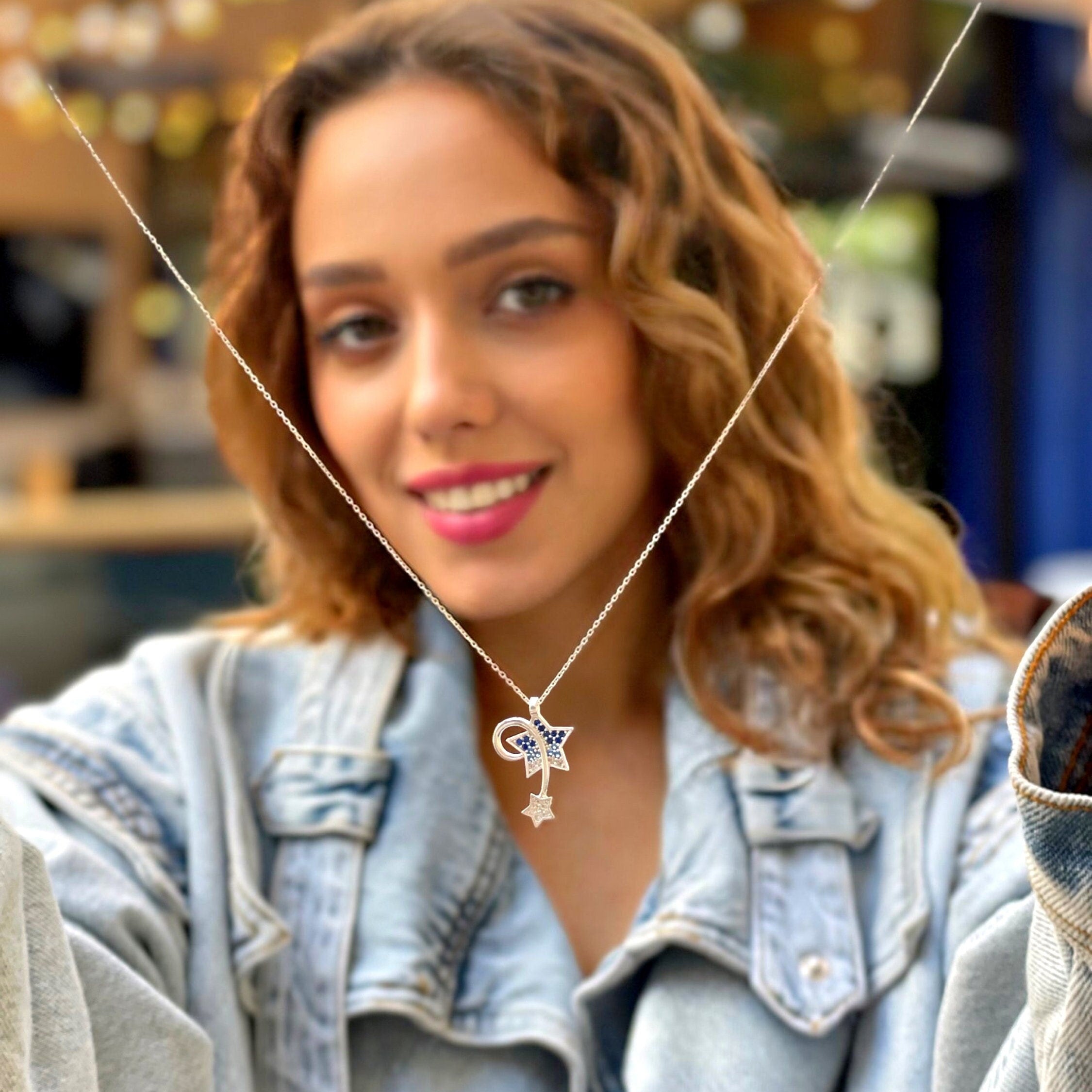 Minimalist Comet Necklace - Blue Gemstones Star Necklace - Shooting Star Necklace - Celestial Jewelry - Sterling Silver Jewelry