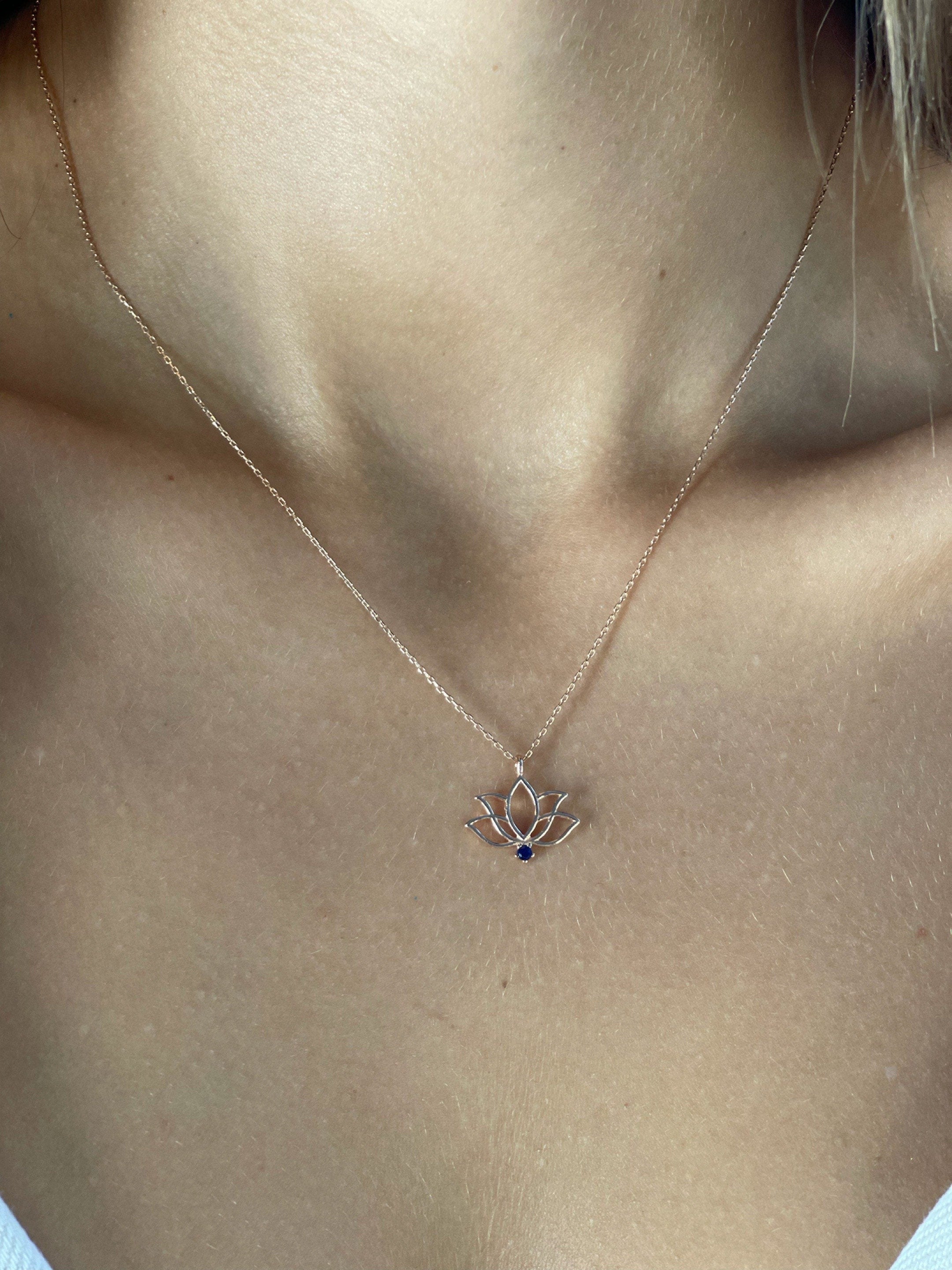 Lotus Flower Necklace, 925 Sterlin Silver Yoga Pendant, Rose Gold Zen Necklace With Tiny (2mm) Navy Gemstone, Necklace For Yogi