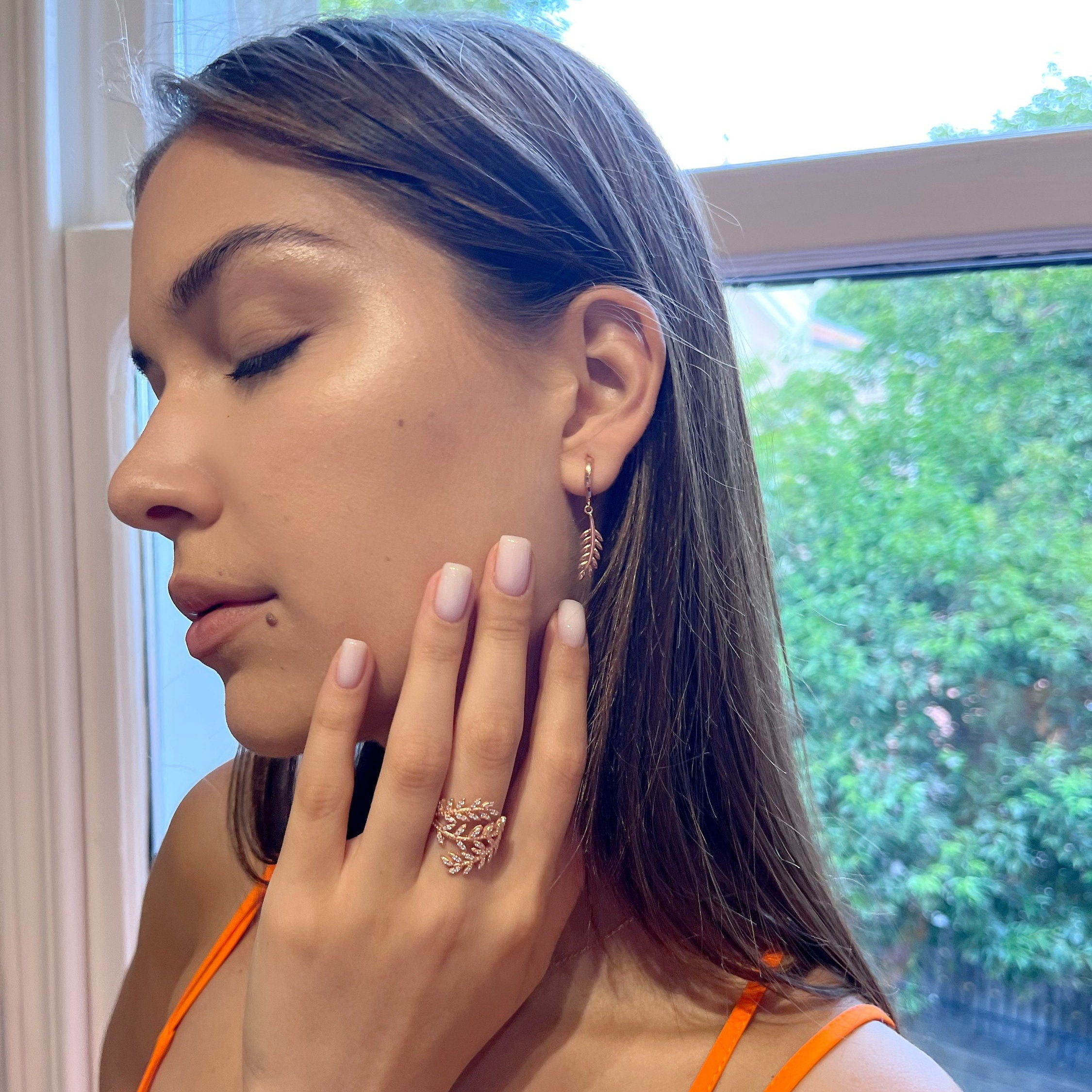 Minimalist Rose Gold Color Leaf Hoops - Feather Hoop Earrings - 925 Sterling Silver Jewelry - Mens Dangle Earrings - Leaf Dangle Earrings