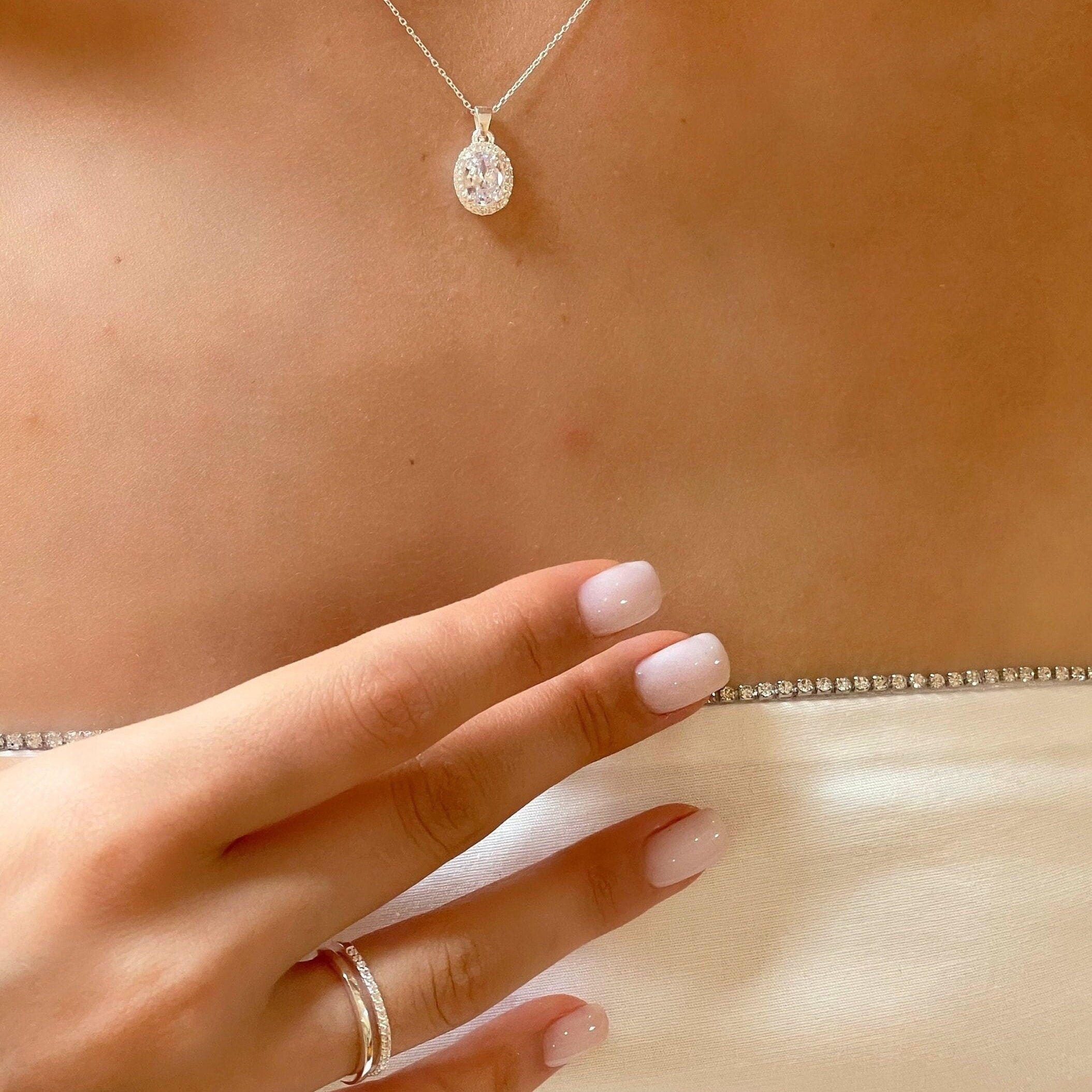 Oval Cut Zircon Halo Pendant - Cz Halo Necklace - Cubic Zirconia Gemstone - Dainty Sterling Silver Necklace - Sswarovski Halo Pendant