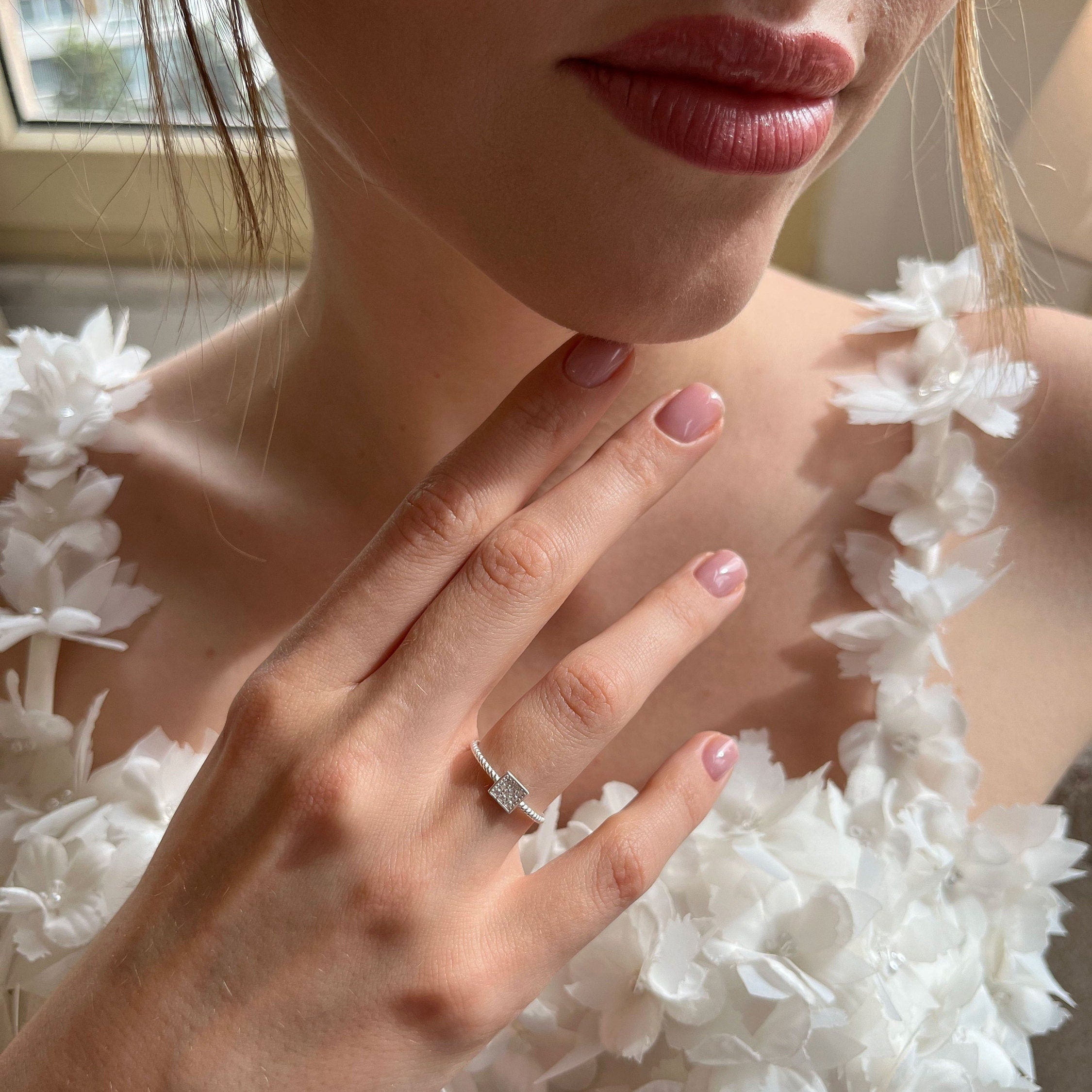 Radiant Cut Square Ring With Zirconia - Modern & Minimalist Geometric Design - Sterling Silver Adjustable Square Ring - Summer Unique Gift