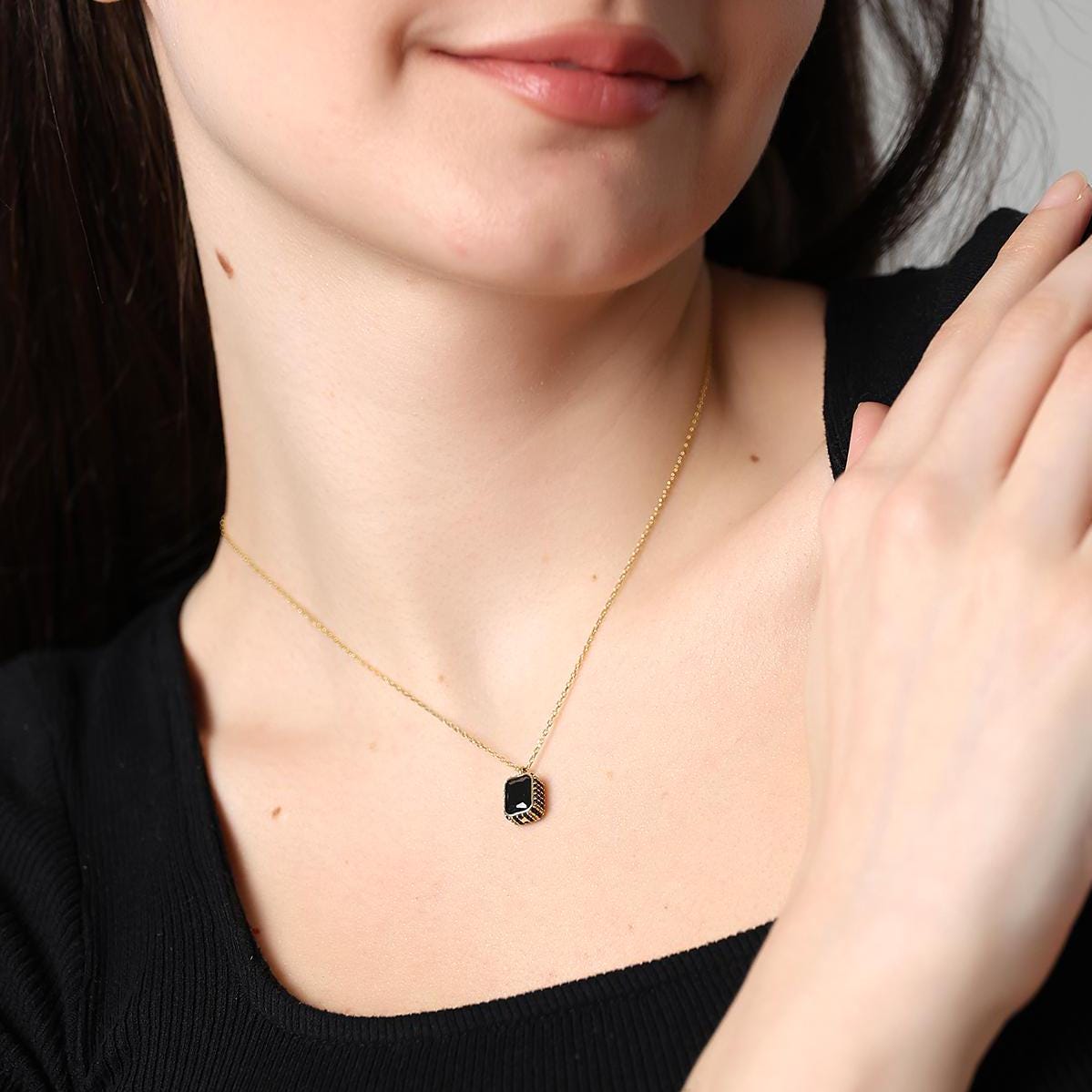 Baguette Cut Emerald Necklace , Gold Framed Gothic Black Gem Pendant , Handmade Timeless Jewelry , Emerald Cut Solitaire Silver Necklace