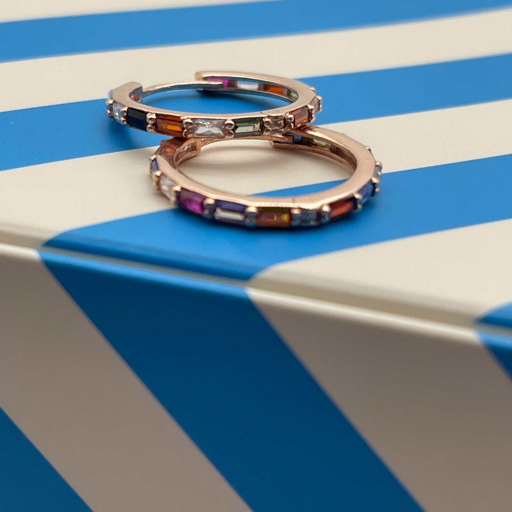 Rainbow Zircon Huggie Earrings - Rose Gold Hoops - Multi Coloured Gemstones In Sterling Silver Round Earrings