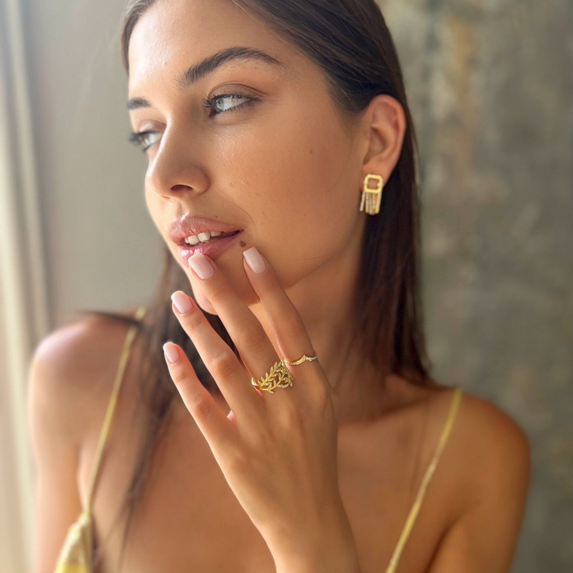 Sparkling Olive Branch Ring - Cz Olive Leaf Adjustable Ring - Cubic Zirconia Wrap Ring -925 Sterling Silver Jewelry For Women - Summer Jewls