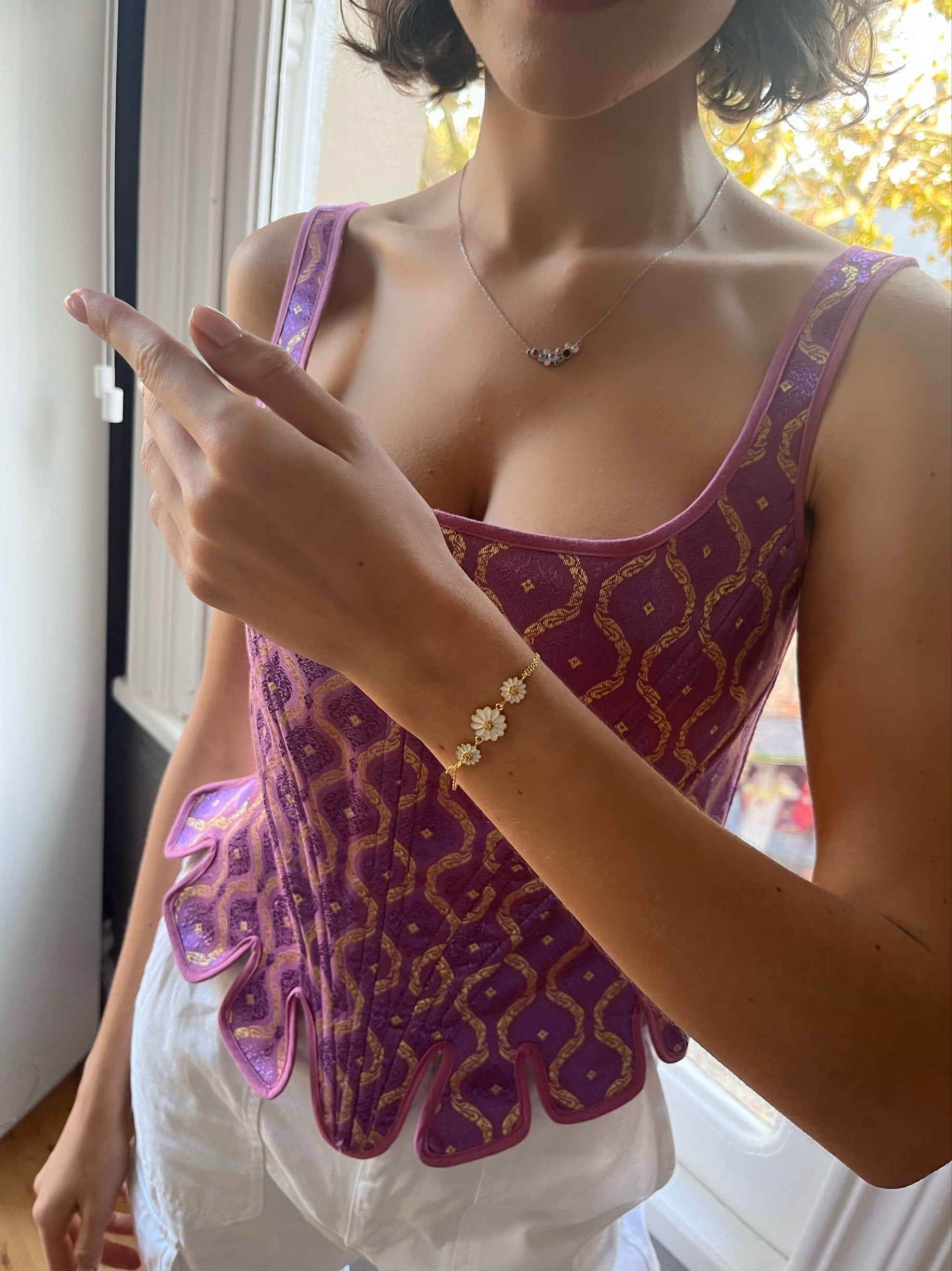 Double Chain Daisy Bracelet - Gold Color Daisy Charm Bracelet - Floral Jewelry - Adjustable 925 Sterling Silver Jewelry - Handmade Gift