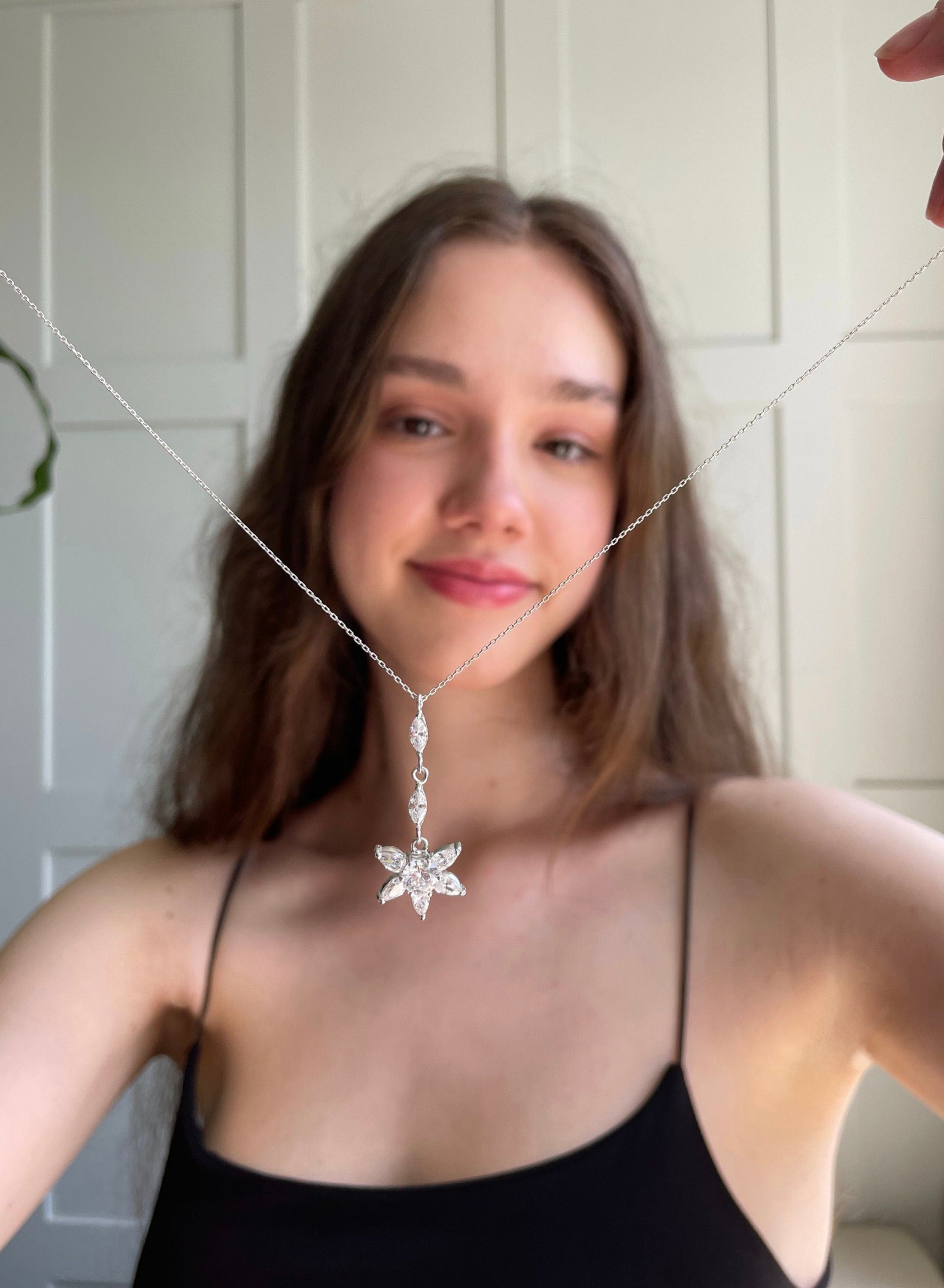 Charming Cz Flower Necklace - Sparkling Zirconia Floral Pendant - Sterling Silver Floral Design Jewelry - Delicate Gift Idea