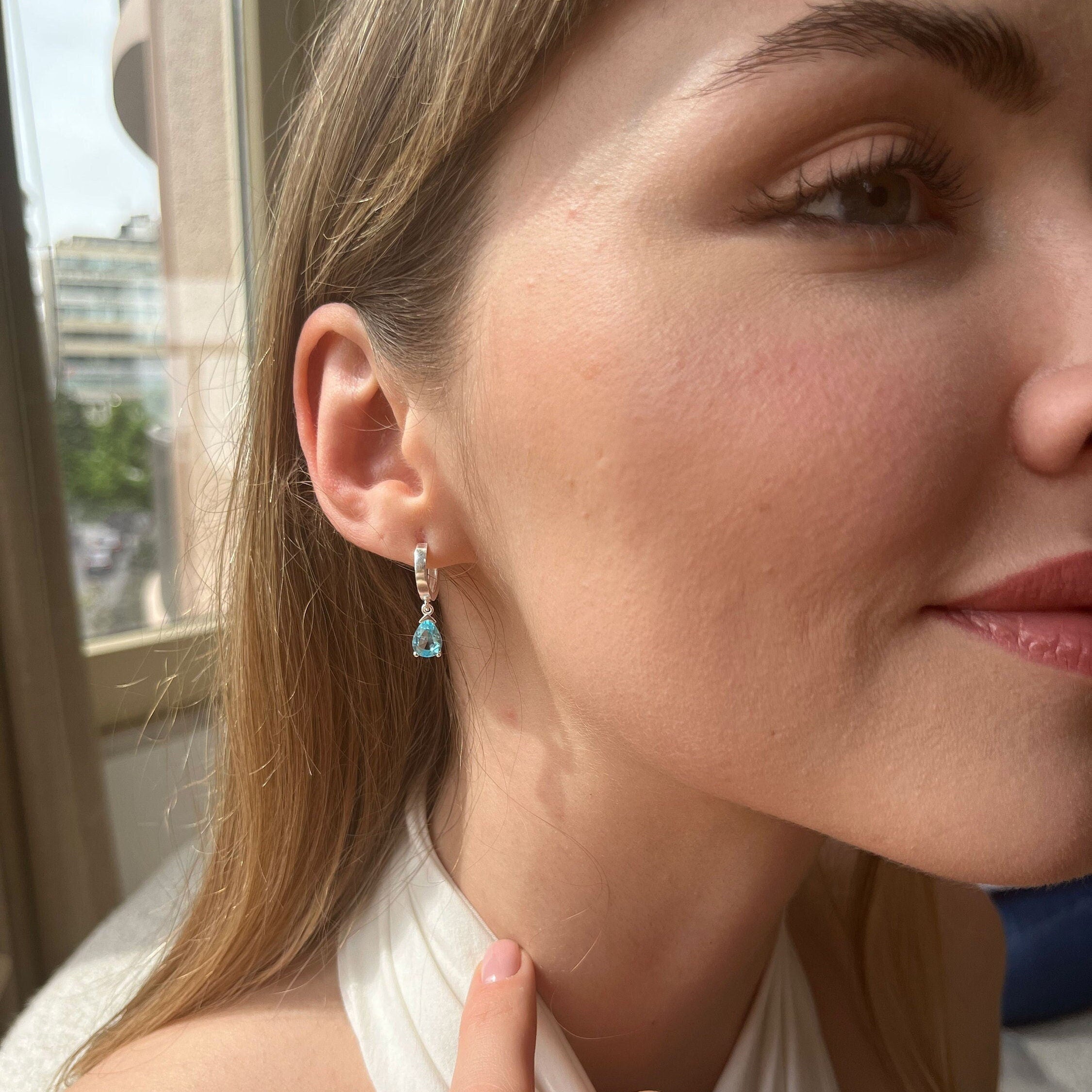 Blue Zircon Drop Birthstone Earrings - Aquamarine/emerald/garnet/sapphire Dangle Earrings - Dainty Silver Hoops - Summer Jewelry