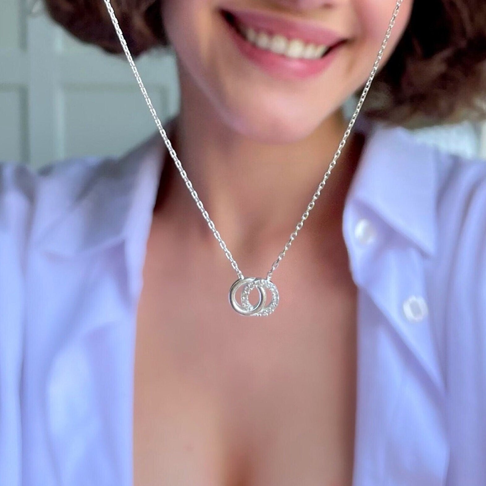 Handcrafted Interlocking Circles Necklace - Sterling Silver Double Ring Necklace - Cz Eternal Ring Necklace - Elegant Jewelry Gift