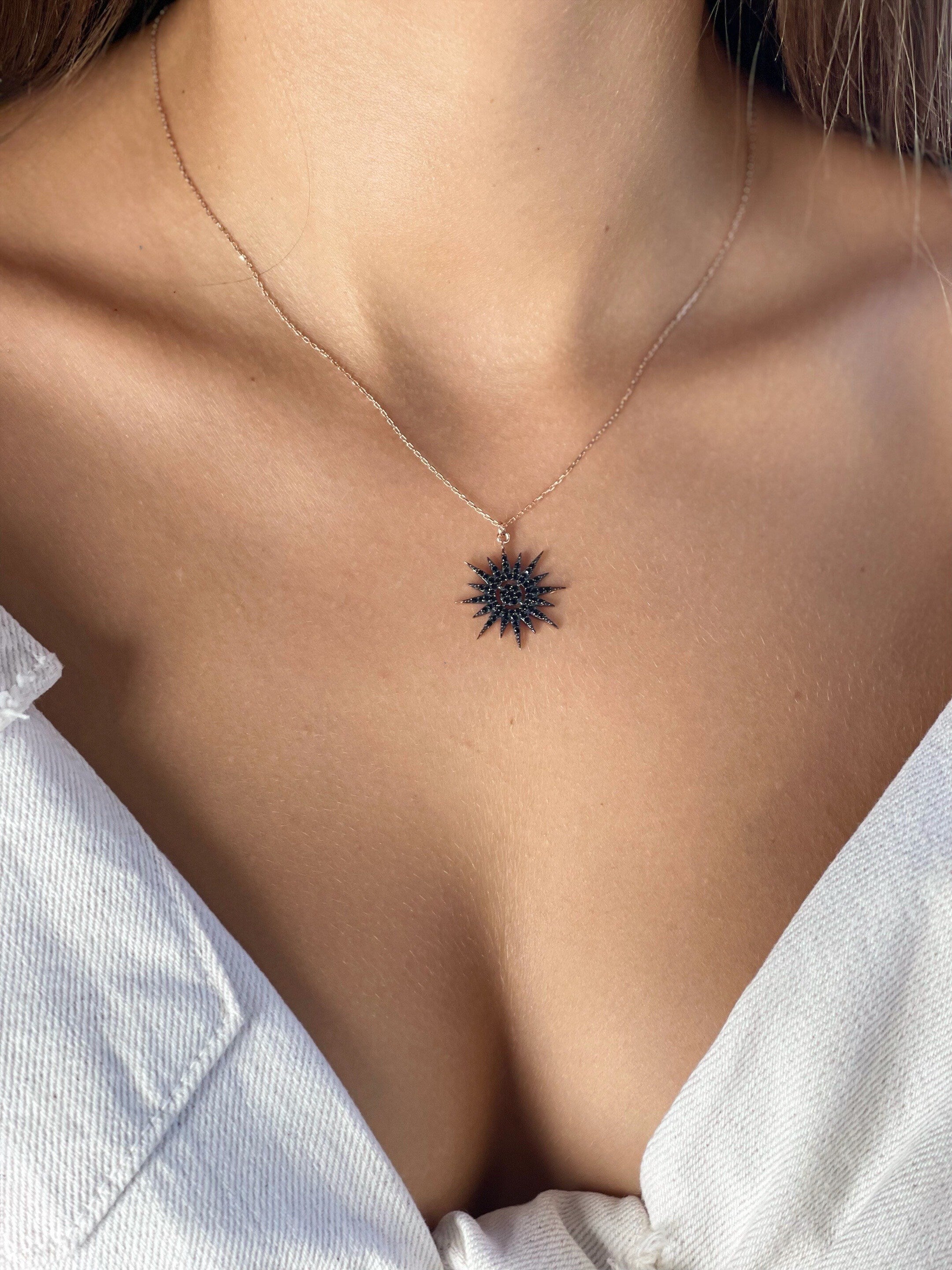 Cosmic Star Necklace, North Star Jewelry Pendant, , Starburst Pave Necklace, Delicate Silver Necklace